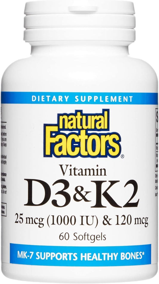 Natural Factors Vitamin D3 & K2 1000 IU + 120 mcg Softgels for Bone & Vascular Health - 60 Count
