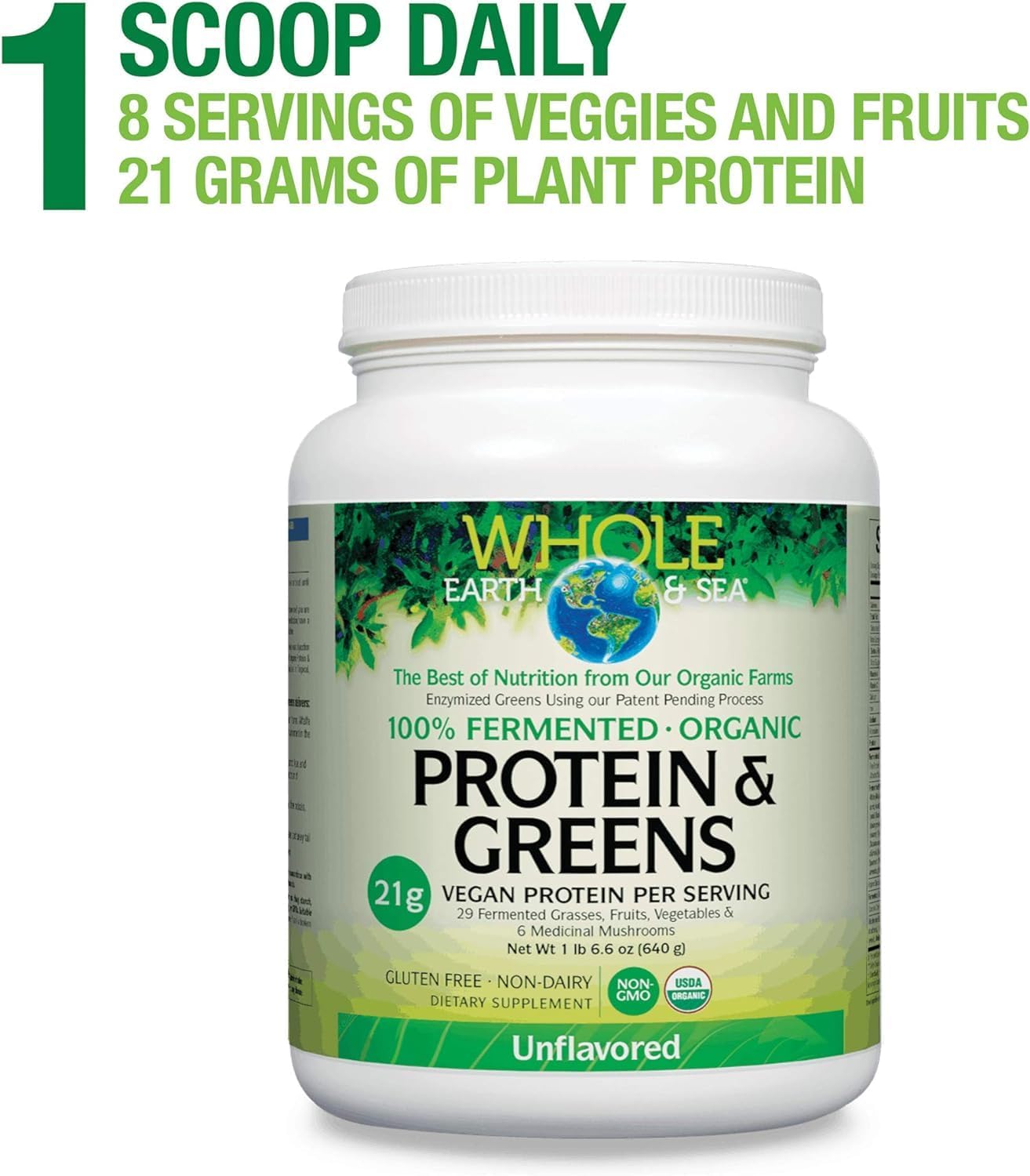 Natural Factors Whole Earth & Sea Organic Fermented Protein & Greens Supplement, Vegan, Unflavored - 1 lb 9 Oz