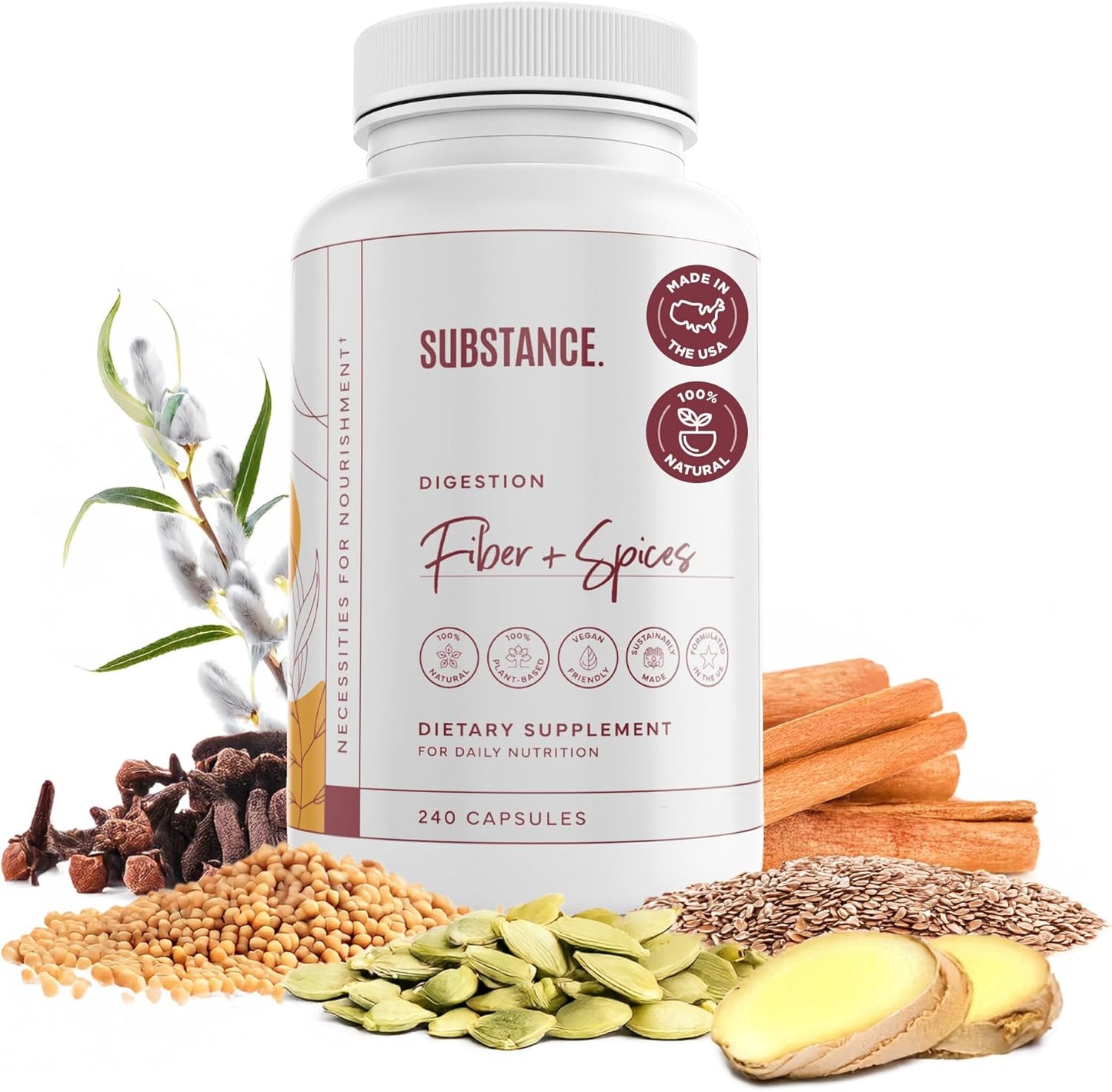 Natural Fiber & Spice Supplement for Digestive Health - Psyllium Husk, Flax Seed, Ginger - Colon Cleanse Support - 240 Vegan Capsules