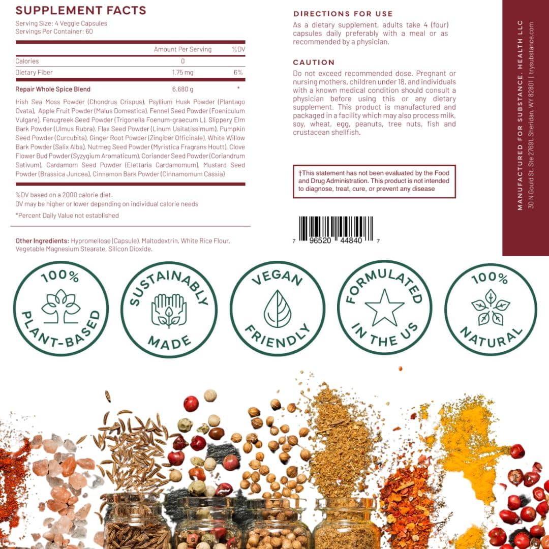 Natural Fiber & Spice Supplement for Digestive Health - Psyllium Husk, Flax Seed, Ginger - Colon Cleanse Support - 240 Vegan Capsules