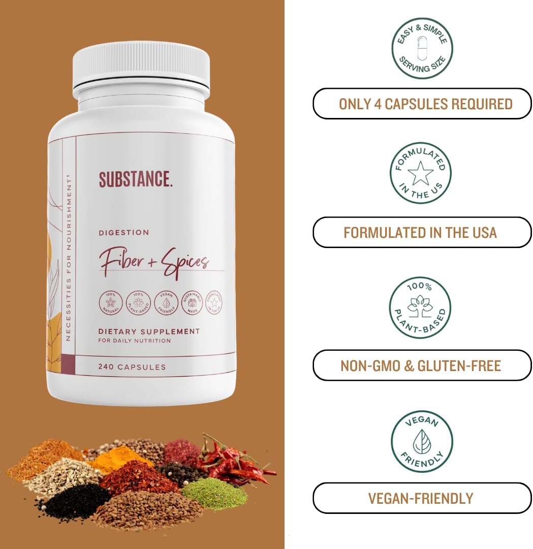Natural Fiber & Spice Supplement for Digestive Health - Psyllium Husk, Flax Seed, Ginger - Colon Cleanse Support - 240 Vegan Capsules