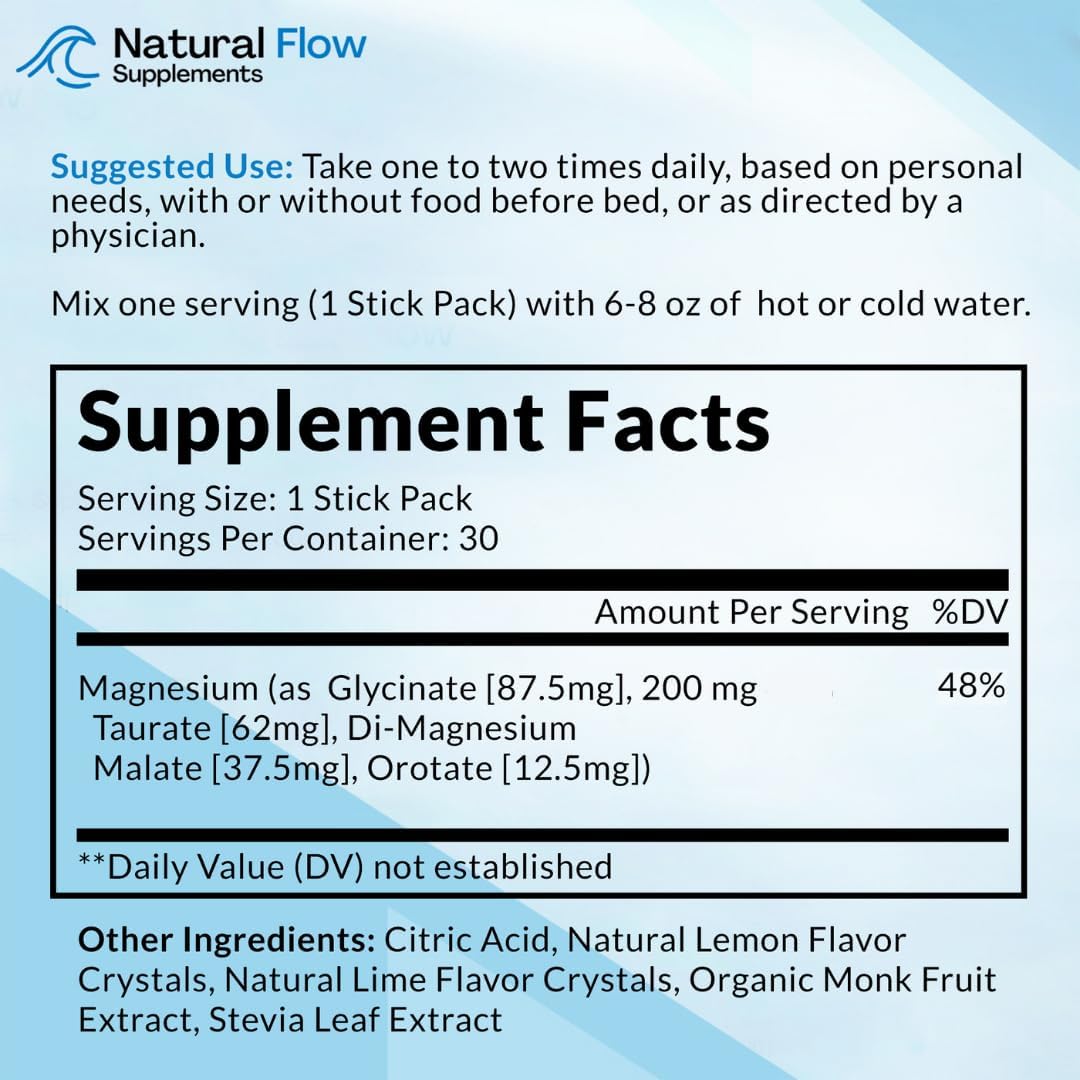 Natural Flow Lemon/Lime Magnesium Powder Drink Mix - 4X Magnesium Glycinate, Taurate, Malate, Orotate Supplement for Calm Sleep and Cramp Support - 30 Stick Packs