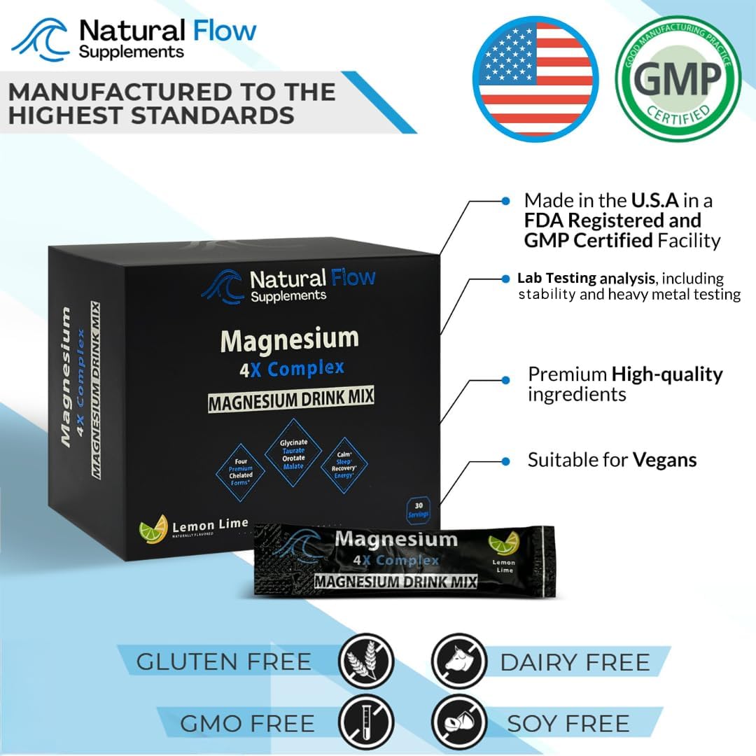 Natural Flow Lemon/Lime Magnesium Powder Drink Mix - 4X Magnesium Glycinate, Taurate, Malate, Orotate Supplement for Calm Sleep and Cramp Support - 30 Stick Packs