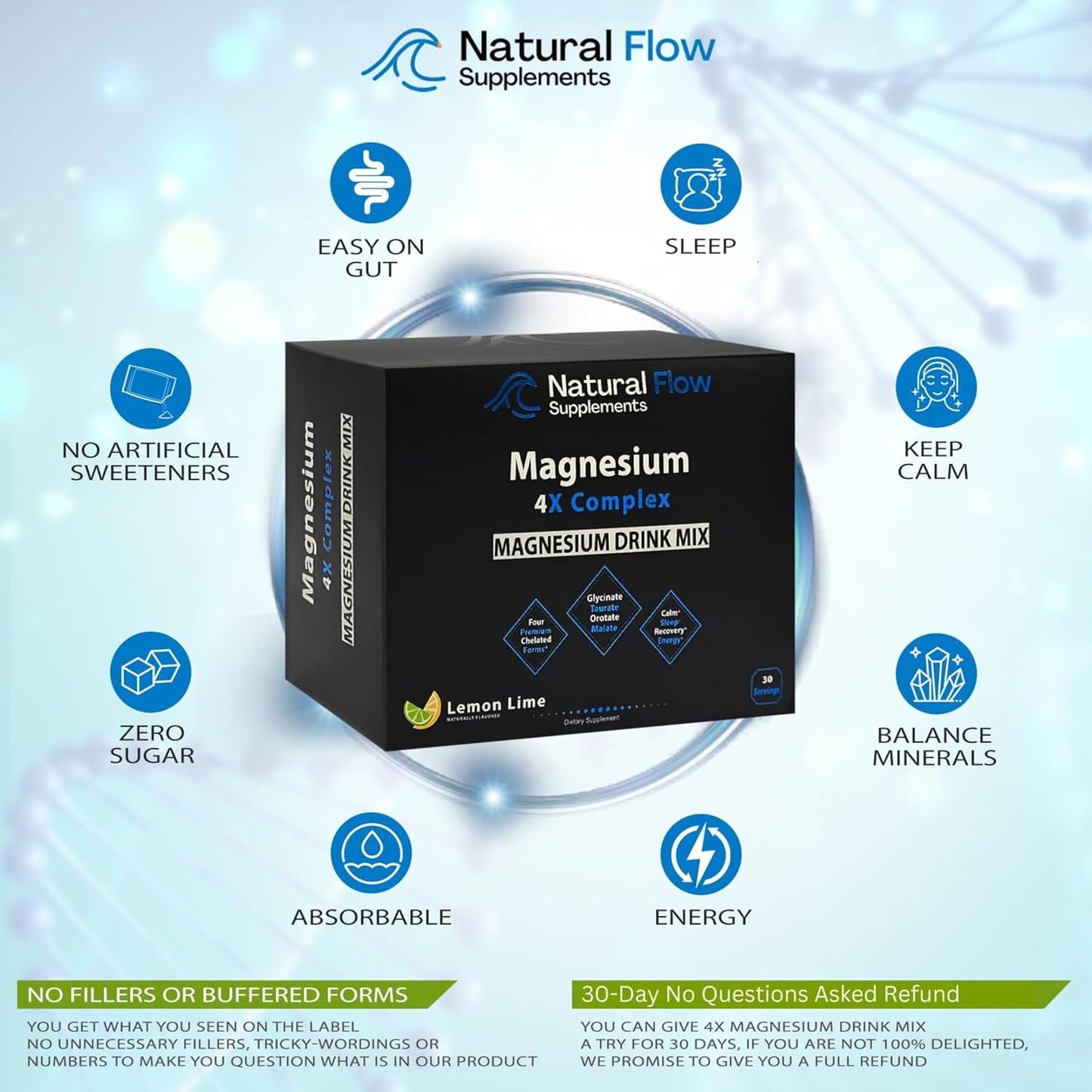 Natural Flow Lemon/Lime Magnesium Powder Drink Mix - 4X Magnesium Glycinate, Taurate, Malate, Orotate Supplement for Calm Sleep and Cramp Support - 30 Stick Packs