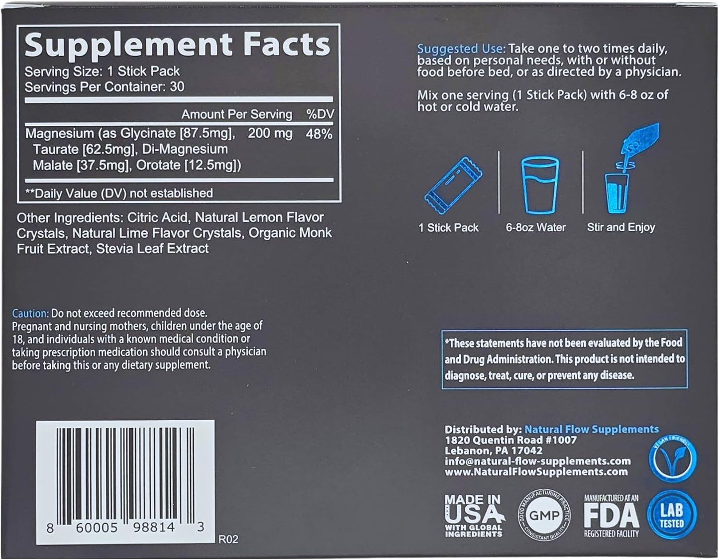 Natural Flow Lemon/Lime Magnesium Powder Drink Mix - 4X Magnesium Glycinate, Taurate, Malate, Orotate Supplement for Calm Sleep and Cramp Support - 30 Stick Packs