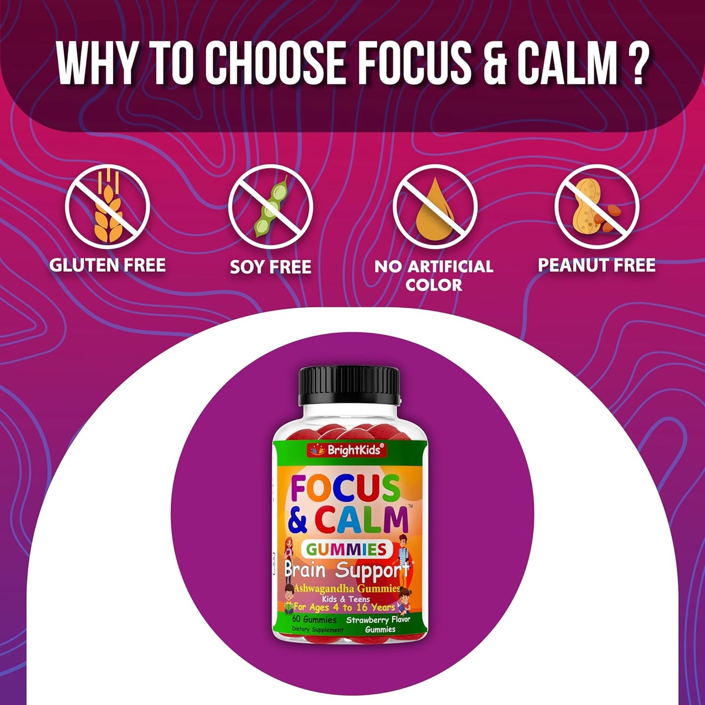 Natural Focus and Calm Gummies for Kids with Ashwagandha Extract - Supports Concentration, Rest, Mood, Energy, and Relaxation - 60ct