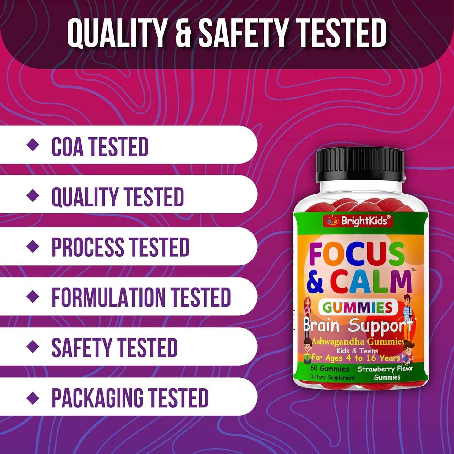 Natural Focus and Calm Gummies for Kids with Ashwagandha Extract - Supports Concentration, Rest, Mood, Energy, and Relaxation - 60ct