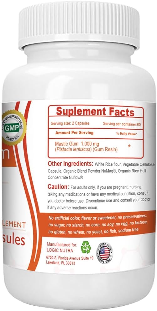 Natural Gastrointestinal Support Supplement - Logic Nutra Mastic Gum Capsules, 1000mg - 240 Capsules in Total