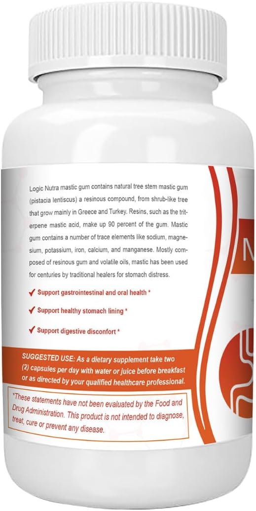 Natural Gastrointestinal Support Supplement - Logic Nutra Mastic Gum Capsules, 1000mg - 240 Capsules in Total