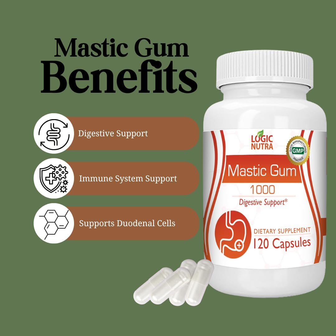 Natural Gastrointestinal Support Supplement - Logic Nutra Mastic Gum Capsules, 1000mg - 240 Capsules in Total