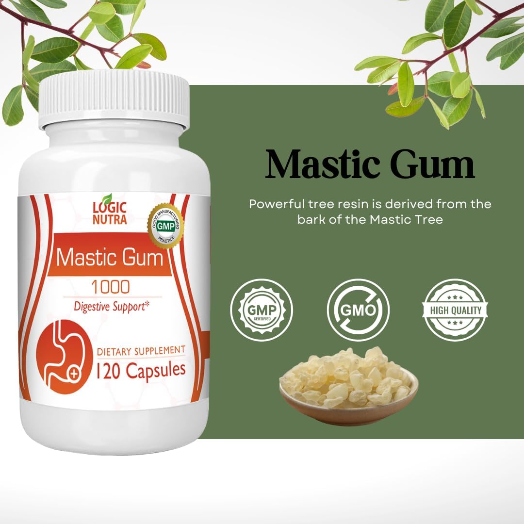 Natural Gastrointestinal Support Supplement - Logic Nutra Mastic Gum Capsules, 1000mg - 240 Capsules in Total