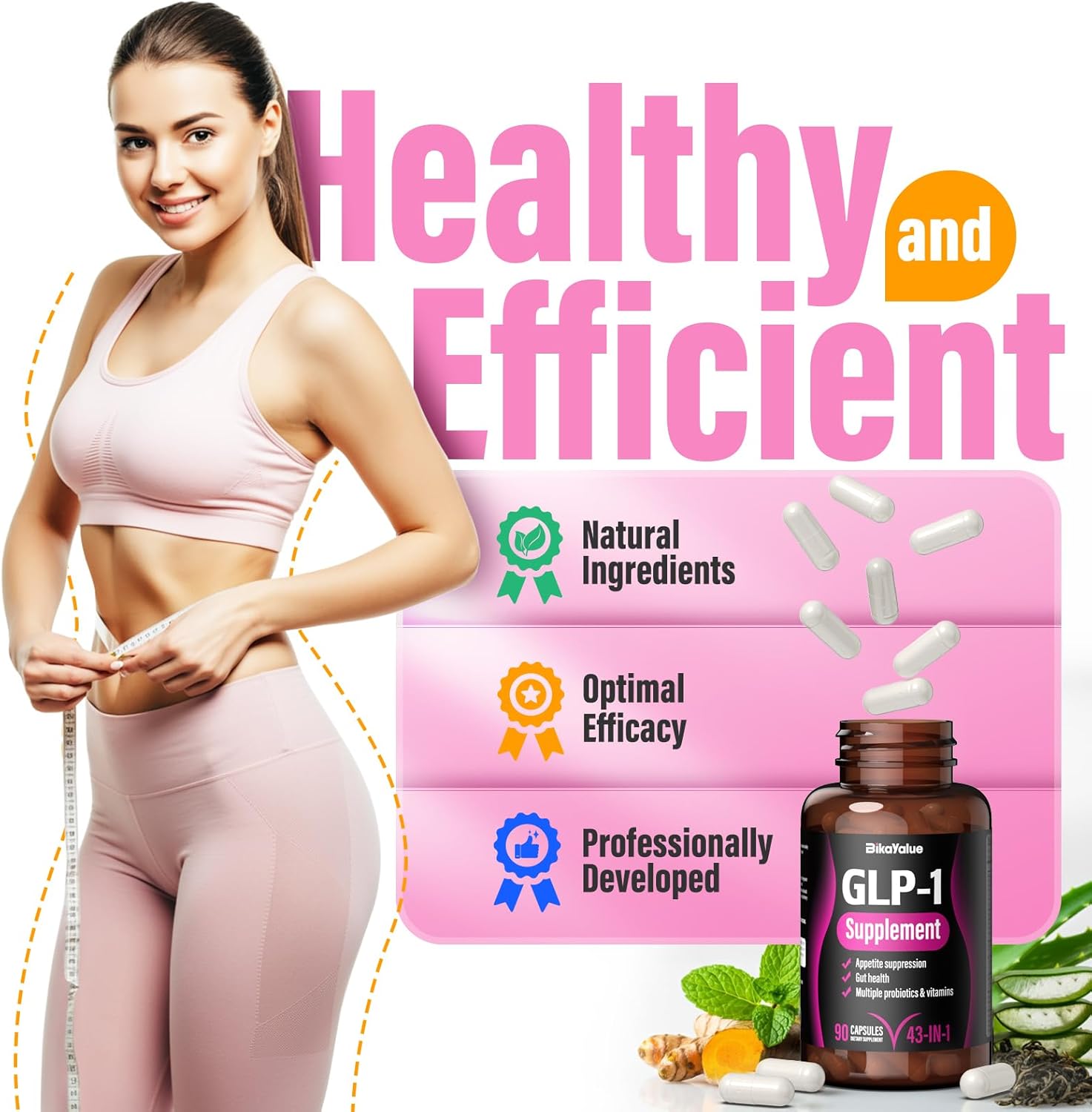 Natural GLP-1 Supplement with Hops, Green Tea Extract, Garcinia Cambogia, Probiotics for Gut Health - 120 Capsules