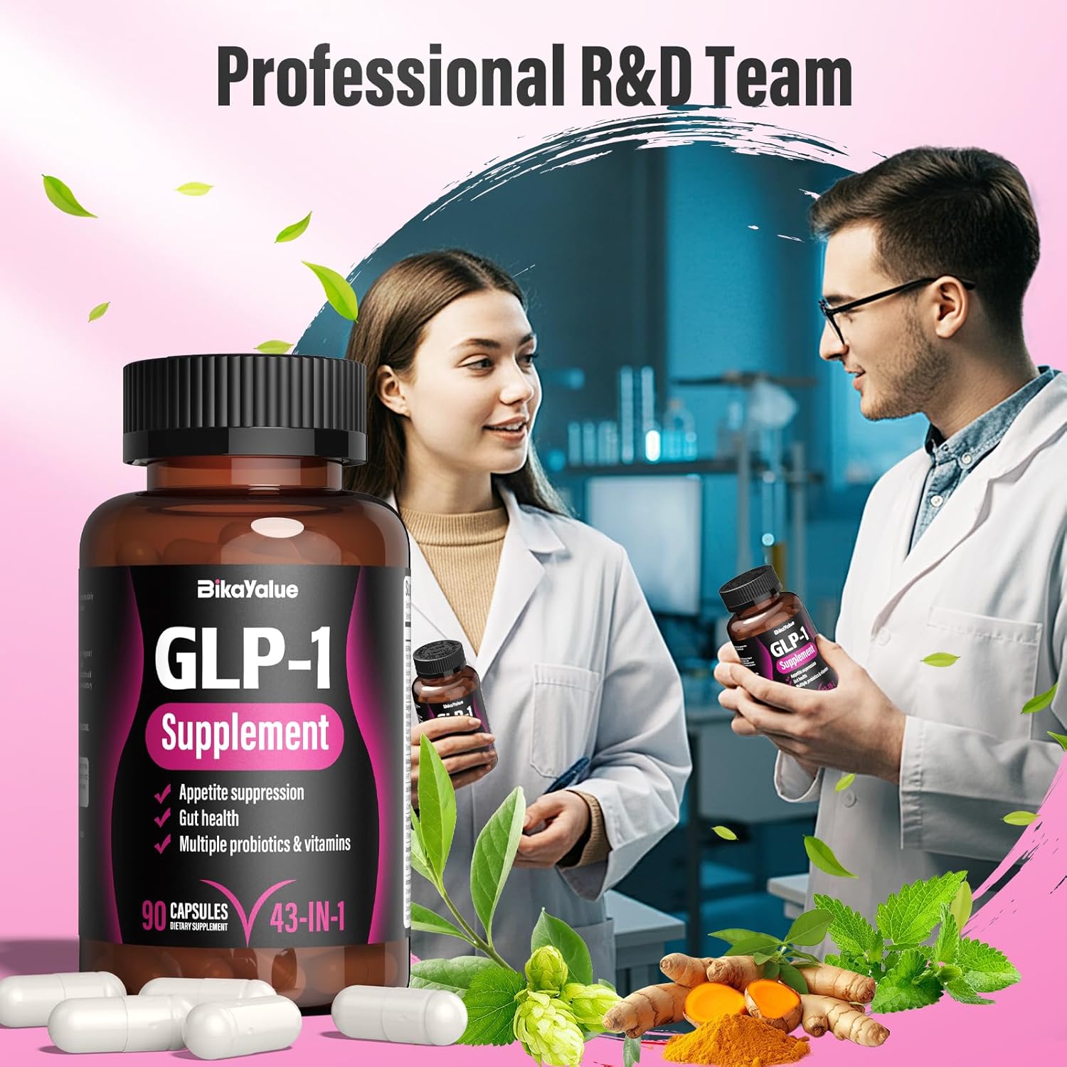 Natural GLP-1 Supplement with Hops, Green Tea Extract, Garcinia Cambogia, Probiotics for Gut Health - 120 Capsules