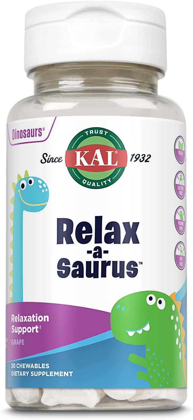 Natural Grape Flavored Stress Support Supplement for Kids with L-Theanine, Herbal Relaxation Blend, 30 Chewables, 60-Day Guarantee