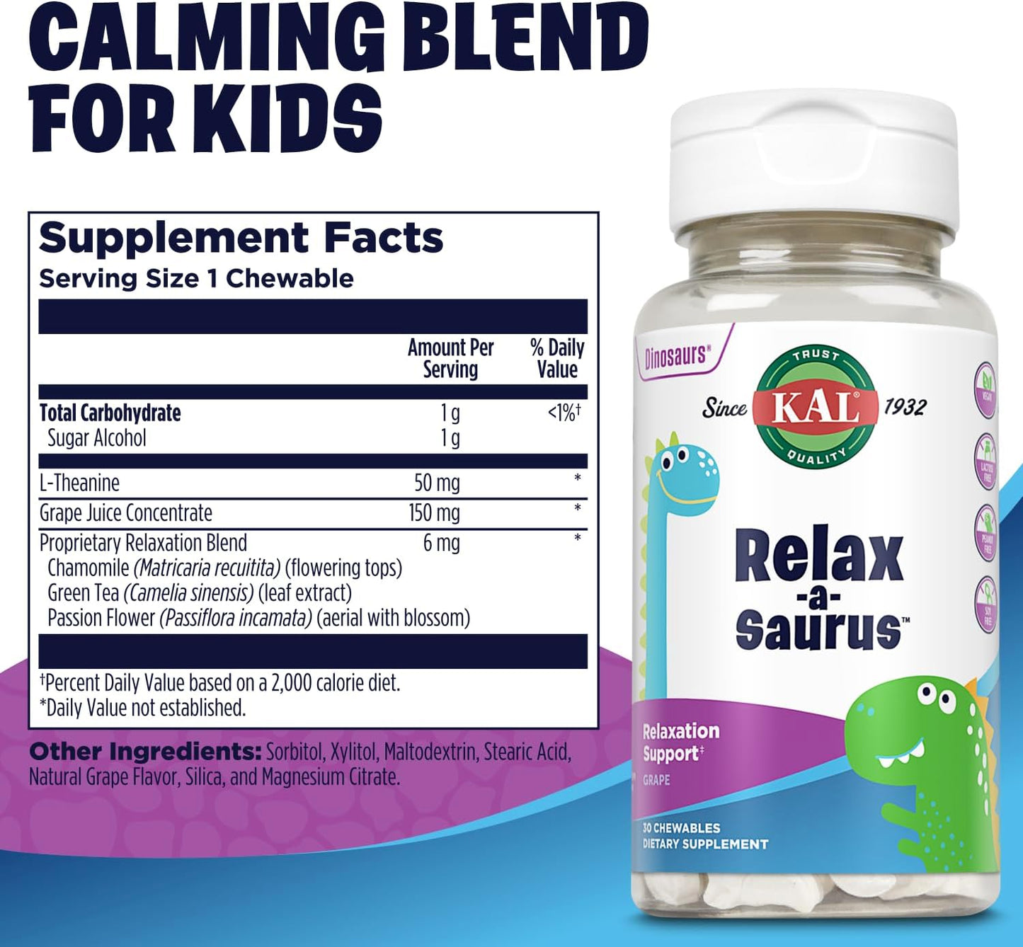 Natural Grape Flavored Stress Support Supplement for Kids with L-Theanine, Herbal Relaxation Blend, 30 Chewables, 60-Day Guarantee