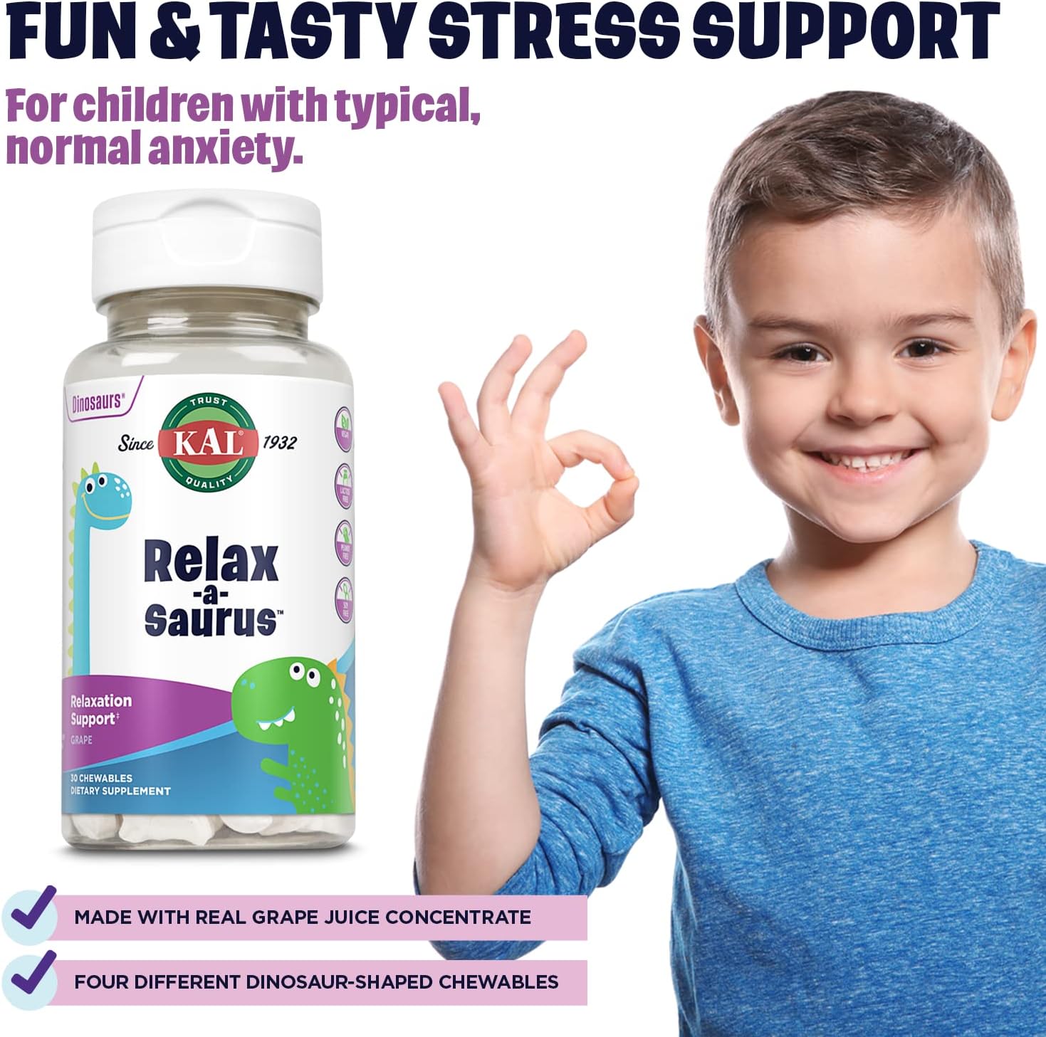 Natural Grape Flavored Stress Support Supplement for Kids with L-Theanine, Herbal Relaxation Blend, 30 Chewables, 60-Day Guarantee