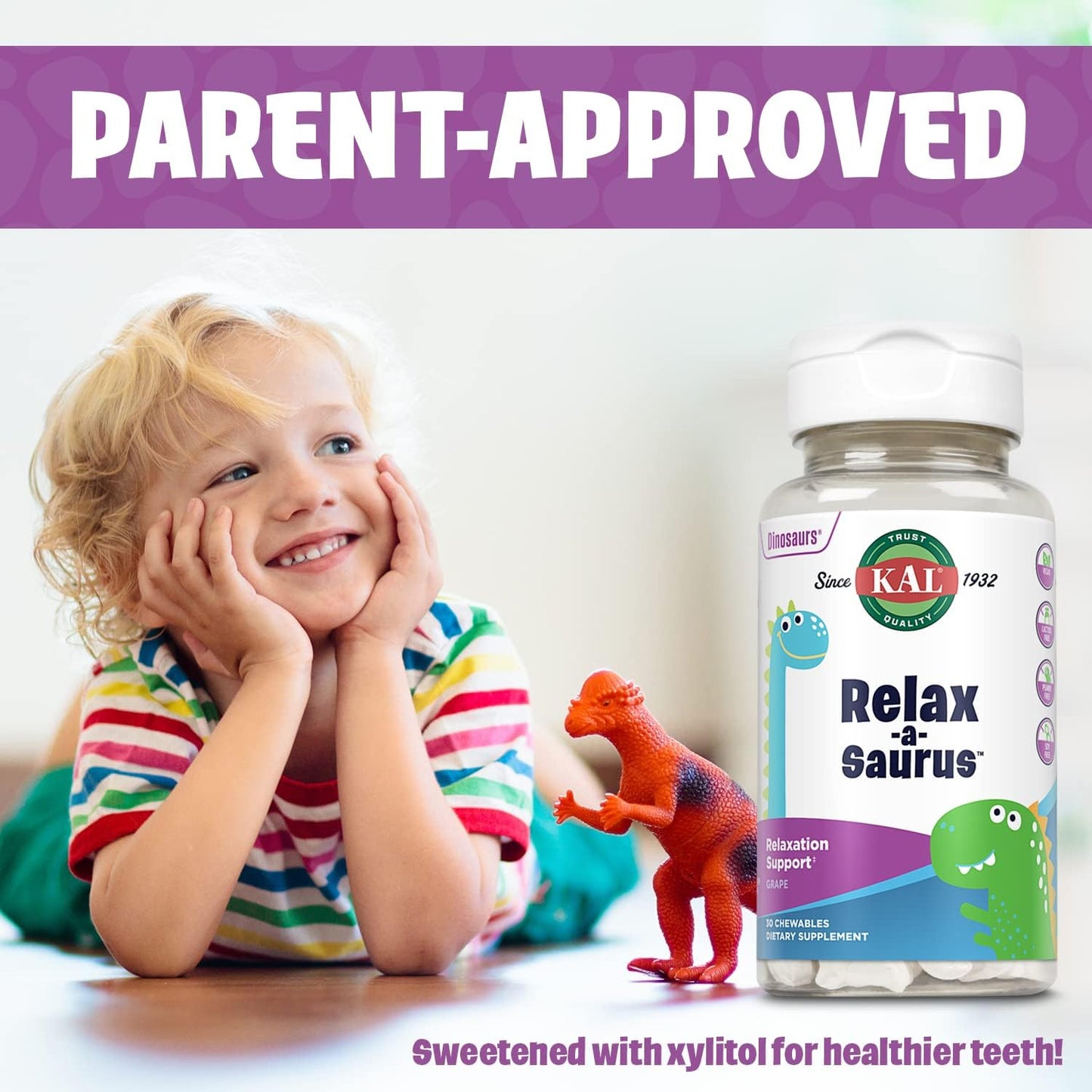Natural Grape Flavored Stress Support Supplement for Kids with L-Theanine, Herbal Relaxation Blend, 30 Chewables, 60-Day Guarantee