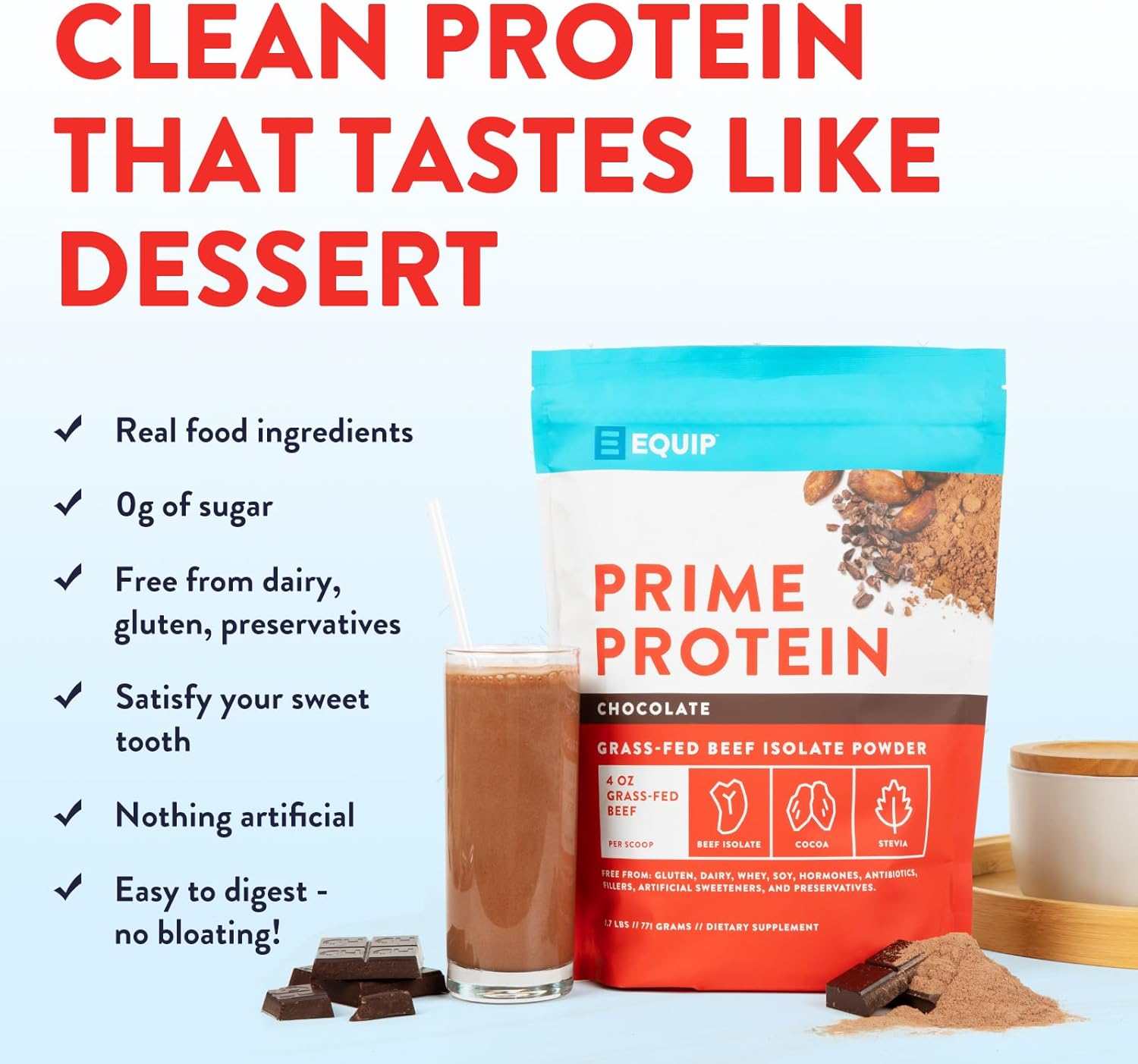Natural Grass-Fed Beef Protein Powder | Prime Protein Isolate for Carnivores | Paleo & Keto Friendly | Gluten & Dairy Free | Chocolate Flavor | 30 Servings