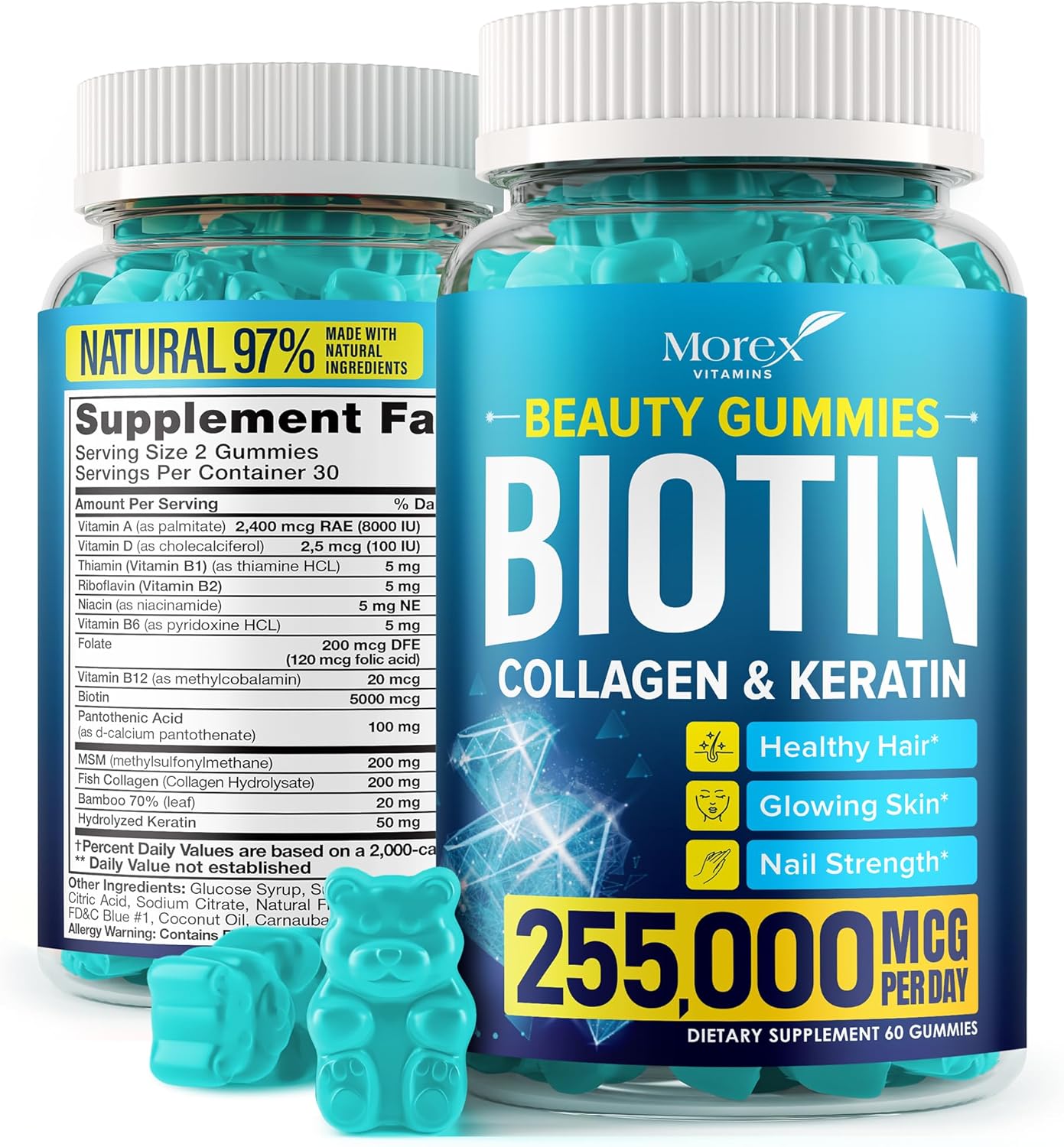 Natural Hair Growth Gummies with Biotin, Collagen & Keratin for Men & Women - Multivitamin for Hair, Skin & Nails - Anti Aging Hair Vitamins - 60 Gummies