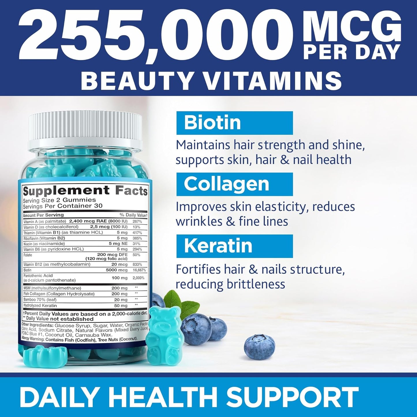 Natural Hair Growth Gummies with Biotin, Collagen & Keratin for Men & Women - Multivitamin for Hair, Skin & Nails - Anti Aging Hair Vitamins - 60 Gummies