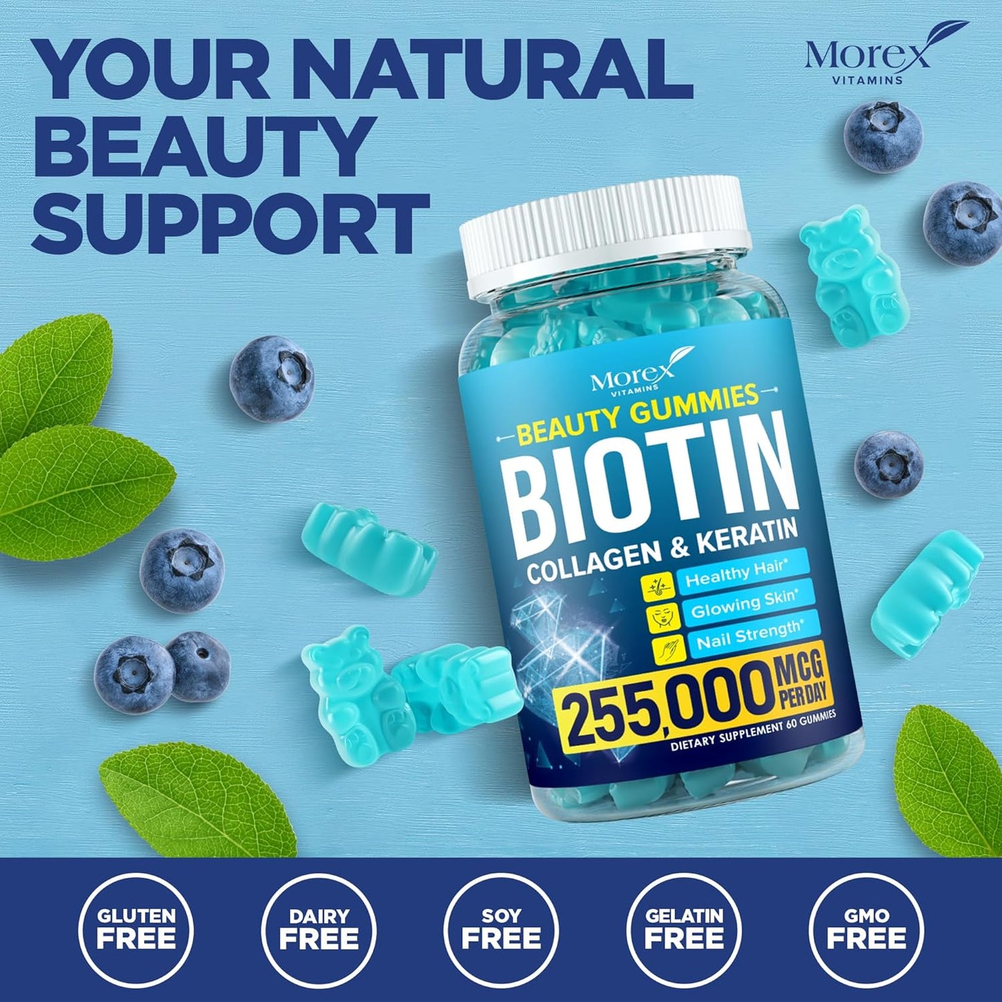 Natural Hair Growth Gummies with Biotin, Collagen & Keratin for Men & Women - Multivitamin for Hair, Skin & Nails - Anti Aging Hair Vitamins - 60 Gummies