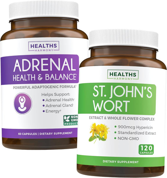 Natural Health Bundle: St. Johns Wort & Adrenal Support - Non-GMO, Hypericin Extract, Cortisol Manager - 120 Capsules