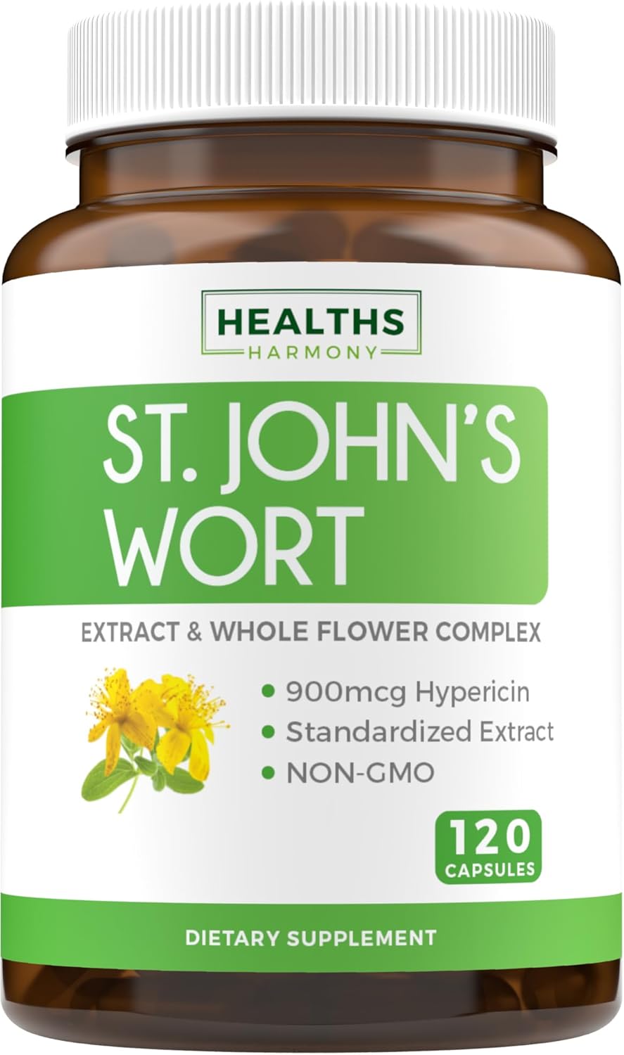 Natural Health Bundle: St. Johns Wort & Adrenal Support - Non-GMO, Hypericin Extract, Cortisol Manager - 120 Capsules