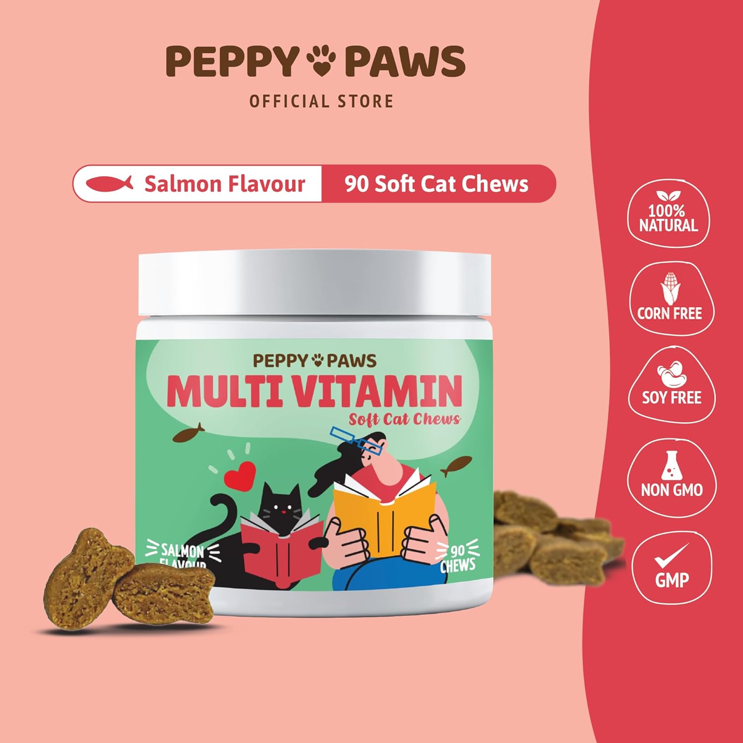 Natural Heart Health Cat Multivitamin Soft Chews with Omega 3, Vitamin Bs, C, COQ10, MSM, Glucosamine Chondroitin - 90 Count, Non-GMO, Original Formula by PEPPY PAWS