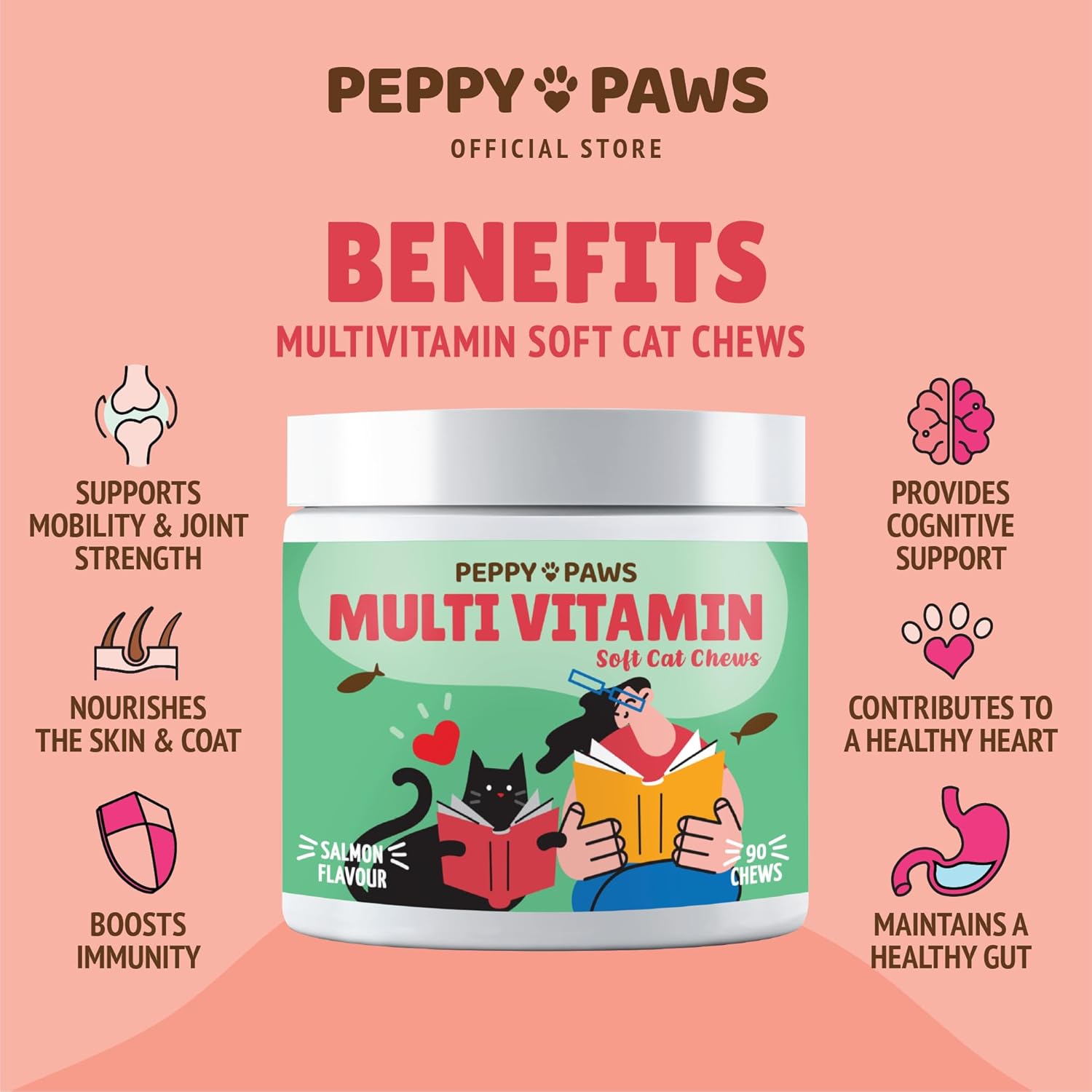 Natural Heart Health Cat Multivitamin Soft Chews with Omega 3, Vitamin Bs, C, COQ10, MSM, Glucosamine Chondroitin - 90 Count, Non-GMO, Original Formula by PEPPY PAWS
