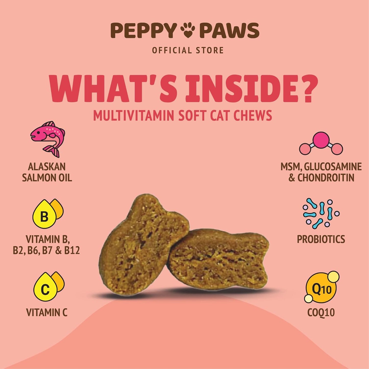 Natural Heart Health Cat Multivitamin Soft Chews with Omega 3, Vitamin Bs, C, COQ10, MSM, Glucosamine Chondroitin - 90 Count, Non-GMO, Original Formula by PEPPY PAWS