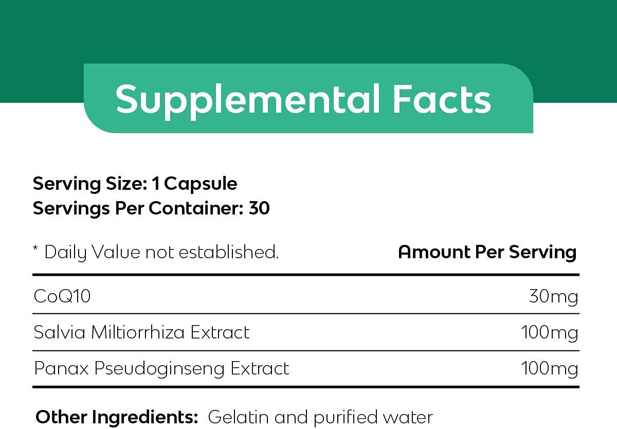 Natural Heart Health Supplement with Coq 10, Salvia Miltiorrhiza, Panax Pseudoginseng - 30 Capsules