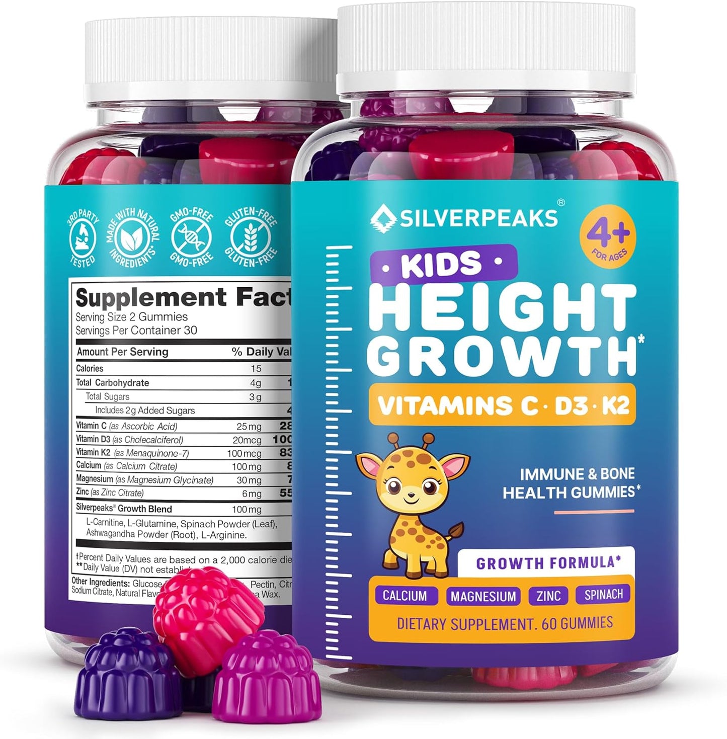 Natural Height Growth Gummies for Kids and Teens - 60 PCS - with Calcium, Vitamin D, C, K2, Magnesium & Zinc - Height Growth Supplement