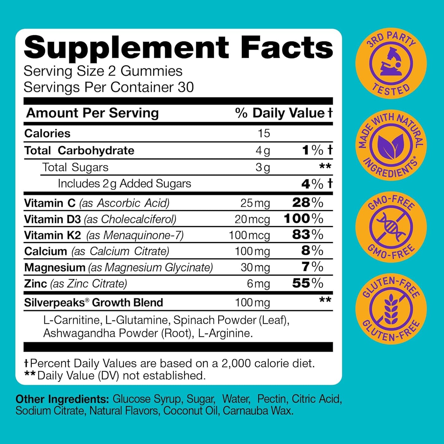 Natural Height Growth Gummies for Kids and Teens - 60 PCS - with Calcium, Vitamin D, C, K2, Magnesium & Zinc - Height Growth Supplement