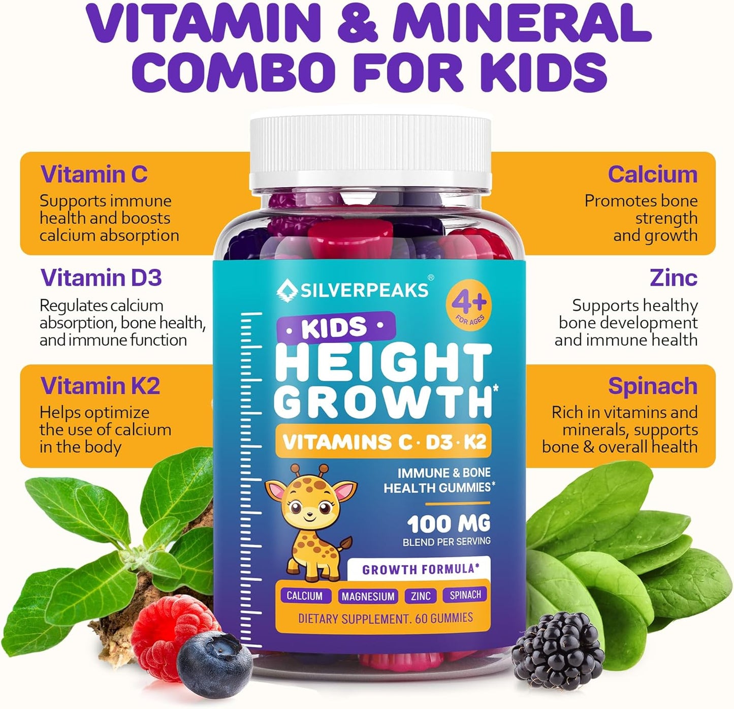 Natural Height Growth Gummies for Kids and Teens - 60 PCS - with Calcium, Vitamin D, C, K2, Magnesium & Zinc - Height Growth Supplement