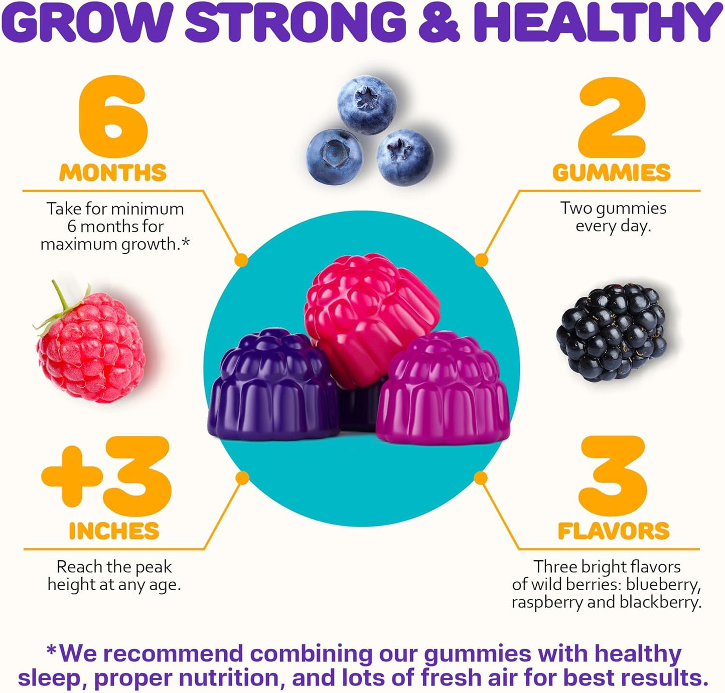 Natural Height Growth Gummies for Kids and Teens - 60 PCS - with Calcium, Vitamin D, C, K2, Magnesium & Zinc - Height Growth Supplement