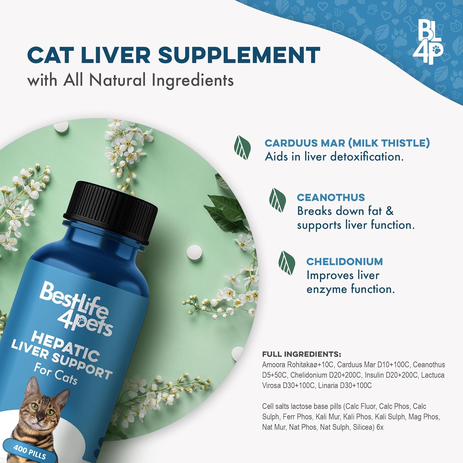Natural Hepatic Liver Support for Cats - Dissolvable Homeopathic Feline Supplement for Digestive Health and Nutrient Absorption - 400 All Natural Pills