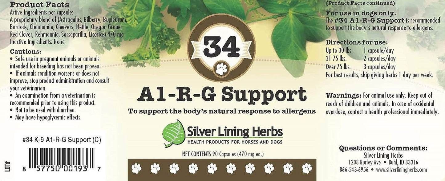 Natural Herbal Allergy Supplement for Dogs - Silver Lining Herbs 34 Canine Al-R-G - Supports Healthy Response to Allergens - 90 Capsules