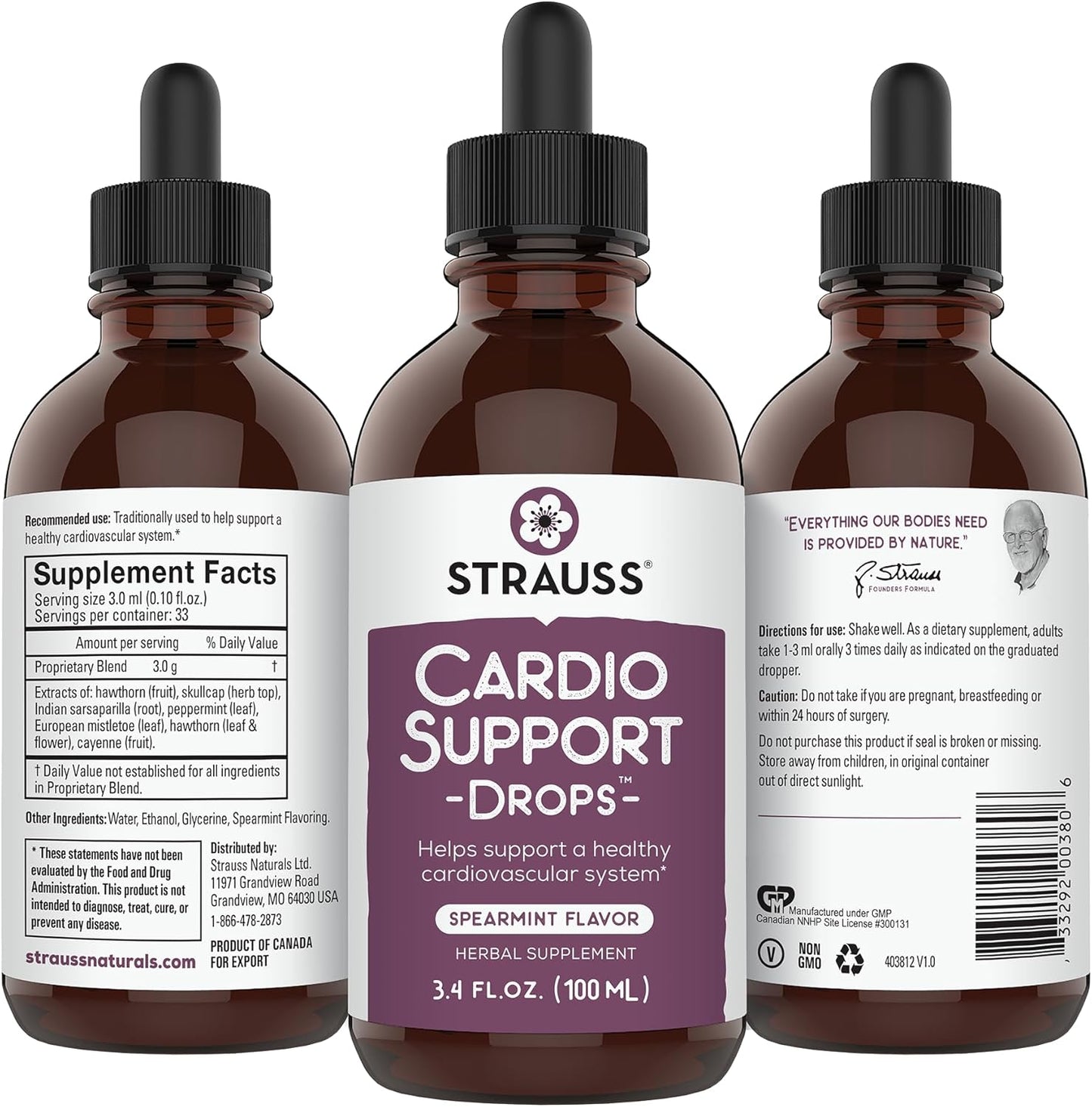 Natural Herbal Heart Health Supplement for Men and Women - Strauss Naturals Cardio Support Drops - Promotes Healthy Cardiovascular System - Vegan & Non-GMO - Spearmint Flavored - 100 ml Bottle