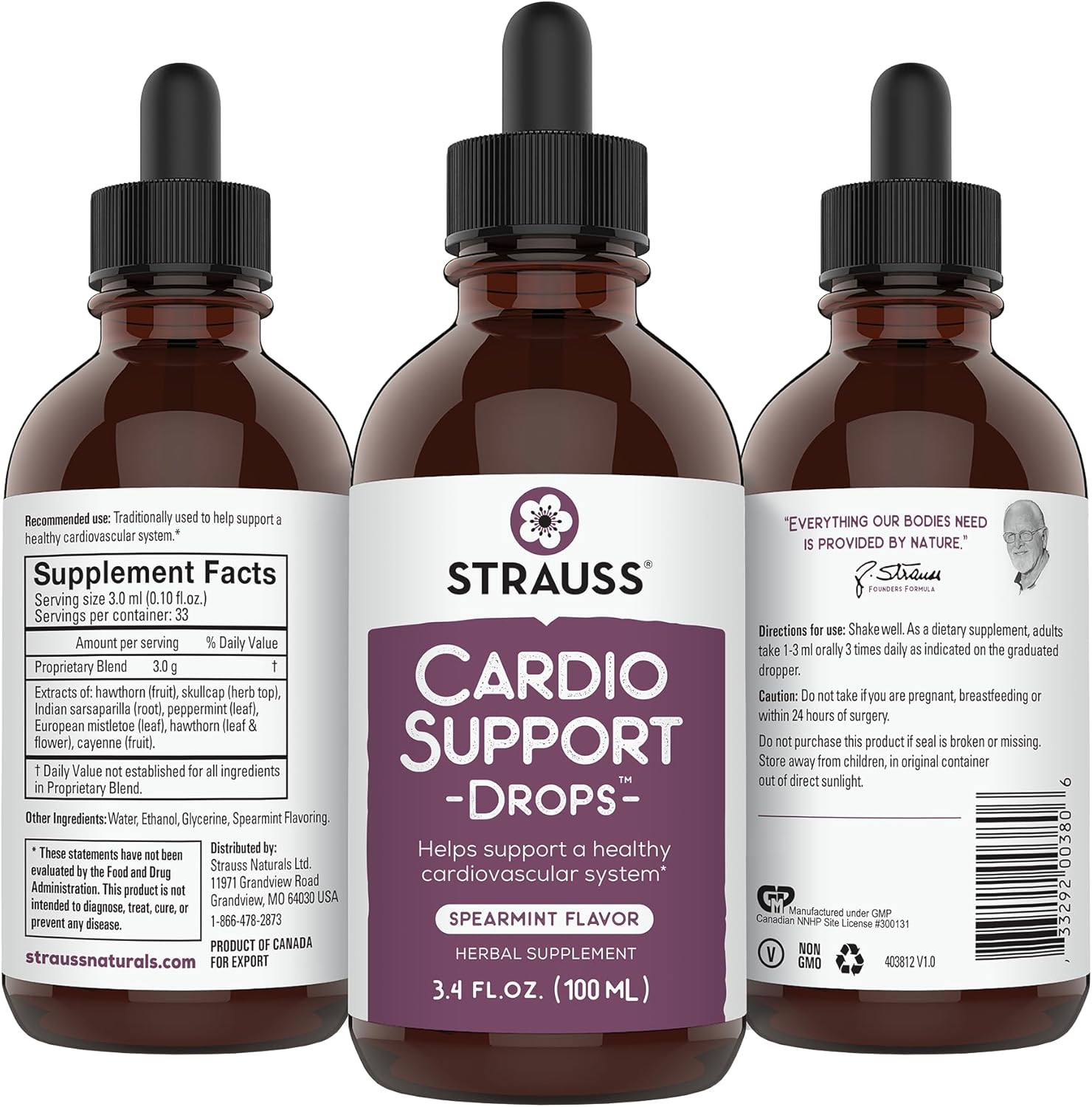 Natural Herbal Heart Health Supplement for Men and Women - Strauss Naturals Cardio Support Drops - Promotes Healthy Cardiovascular System - Vegan & Non-GMO - Spearmint Flavored - 100 ml Bottle