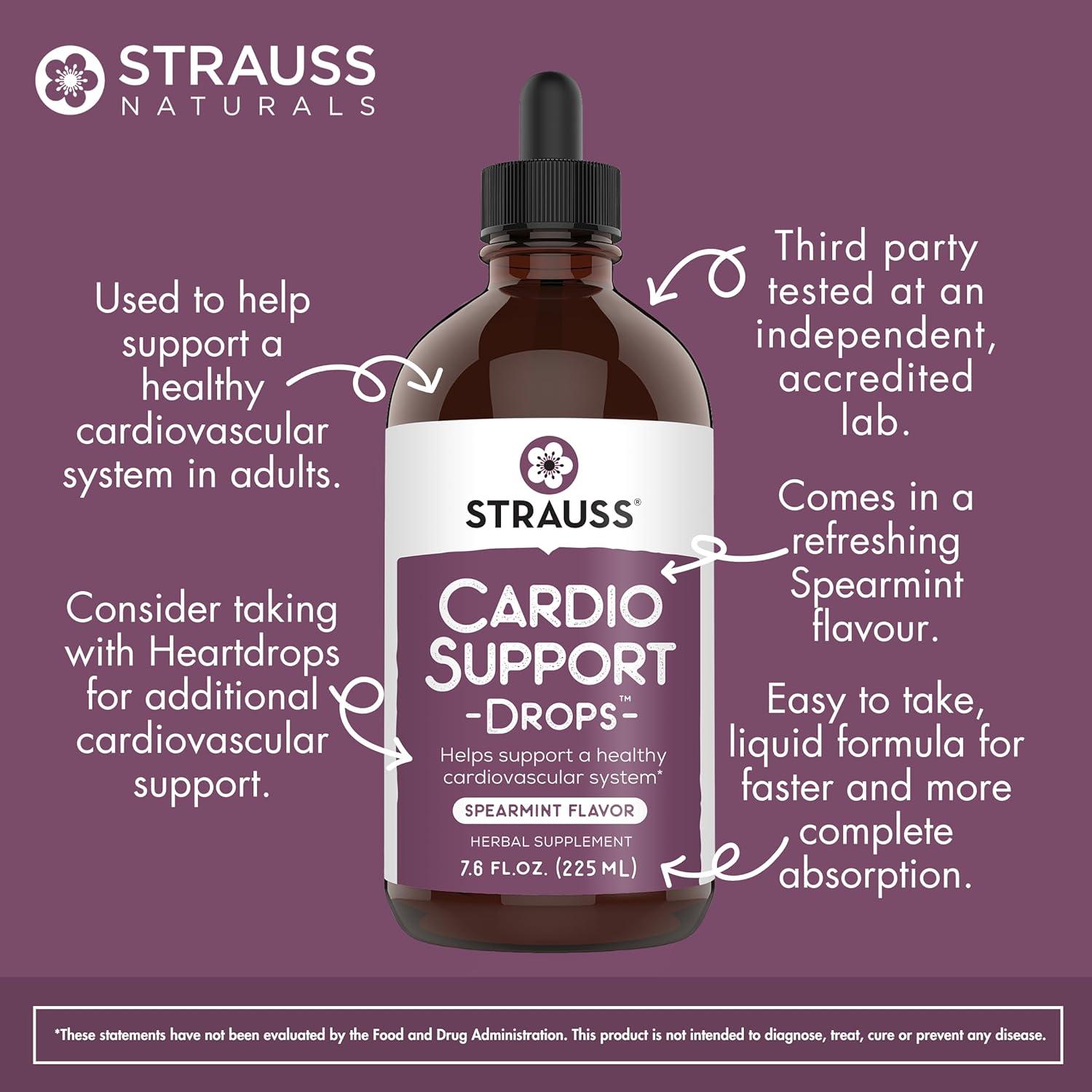 Natural Herbal Heart Health Supplement for Men and Women - Strauss Naturals Cardio Support Drops - Promotes Healthy Cardiovascular System - Vegan & Non-GMO - Spearmint Flavored - 100 ml Bottle