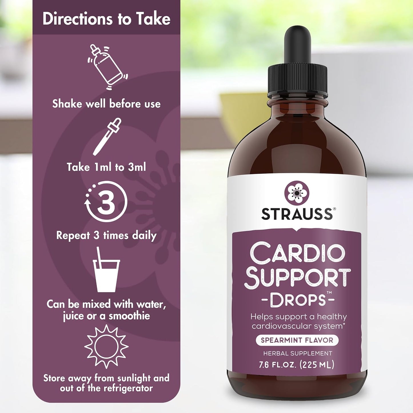 Natural Herbal Heart Health Supplement for Men and Women - Strauss Naturals Cardio Support Drops - Promotes Healthy Cardiovascular System - Vegan & Non-GMO - Spearmint Flavored - 100 ml Bottle