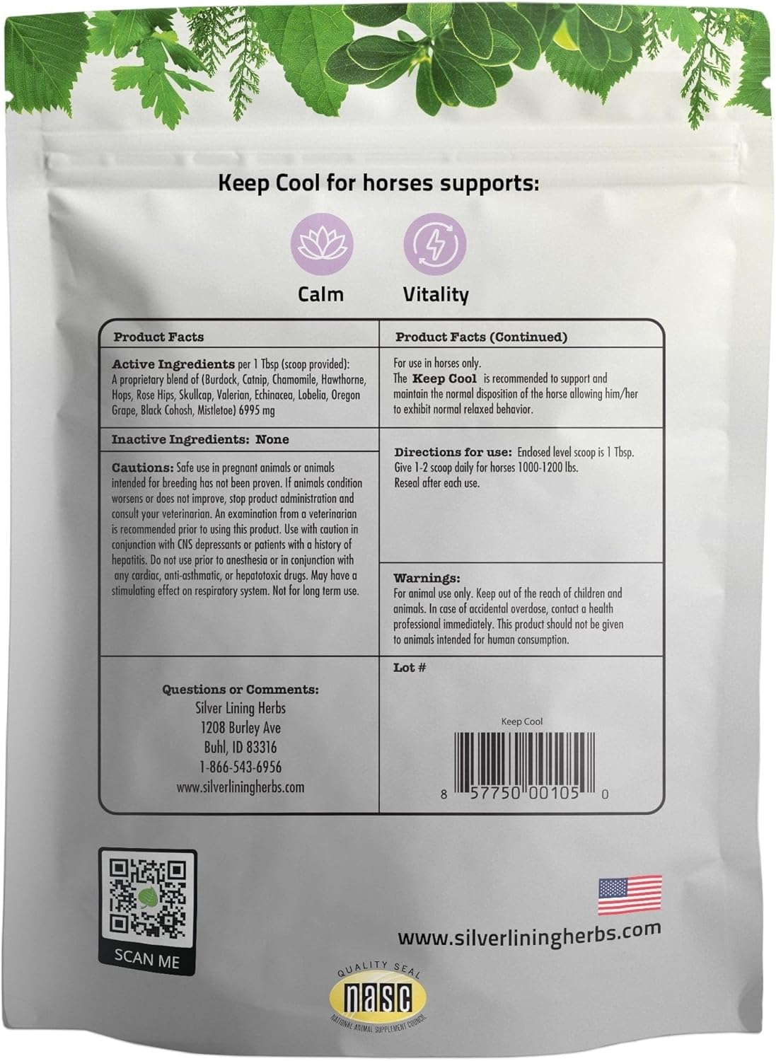 Natural Herbal Horse Supplement for Calming Anxious Horses - Silver Lining Herbs Keep Cool Equine Calmer - Stress Relief - 1 lb Bag