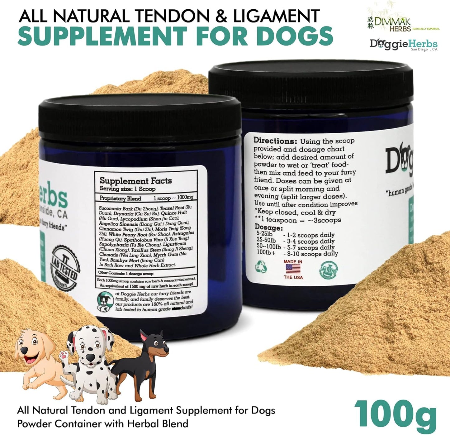 Natural Herbal Supplement for Dog Ligament and Tendon Healing - Human Grade Powder Blend - 100g by Doggie Herbs