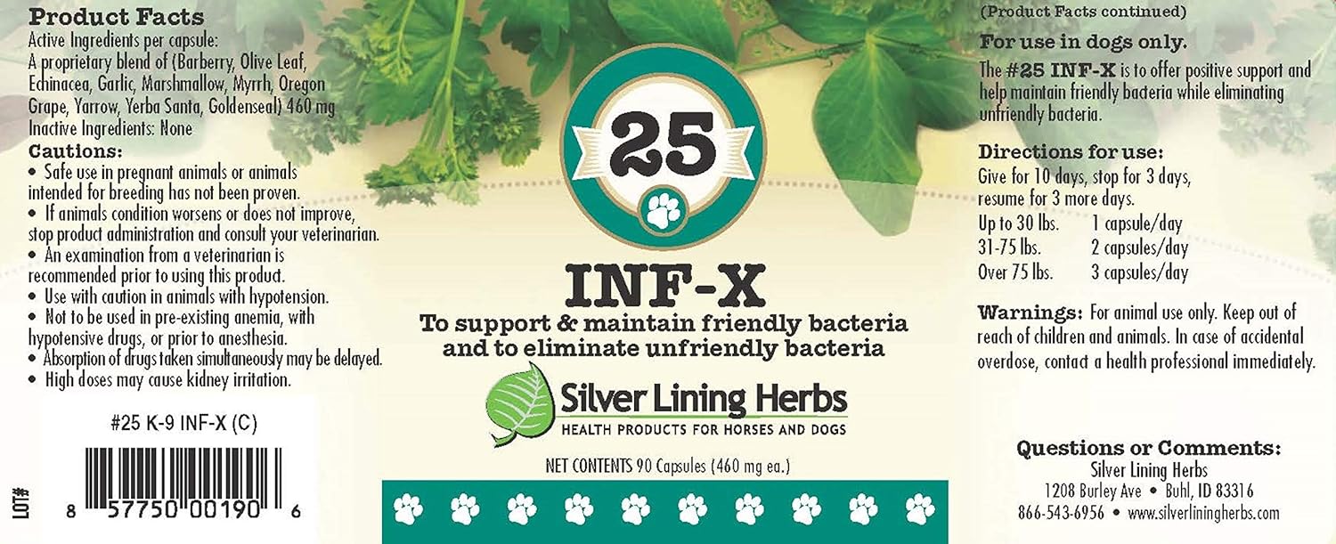 Natural Herbal Supplement for Dogs - Supports Healthy Digestion & Detoxification - Silver Lining Herbs 25 Canine INF-X - 90 Capsules