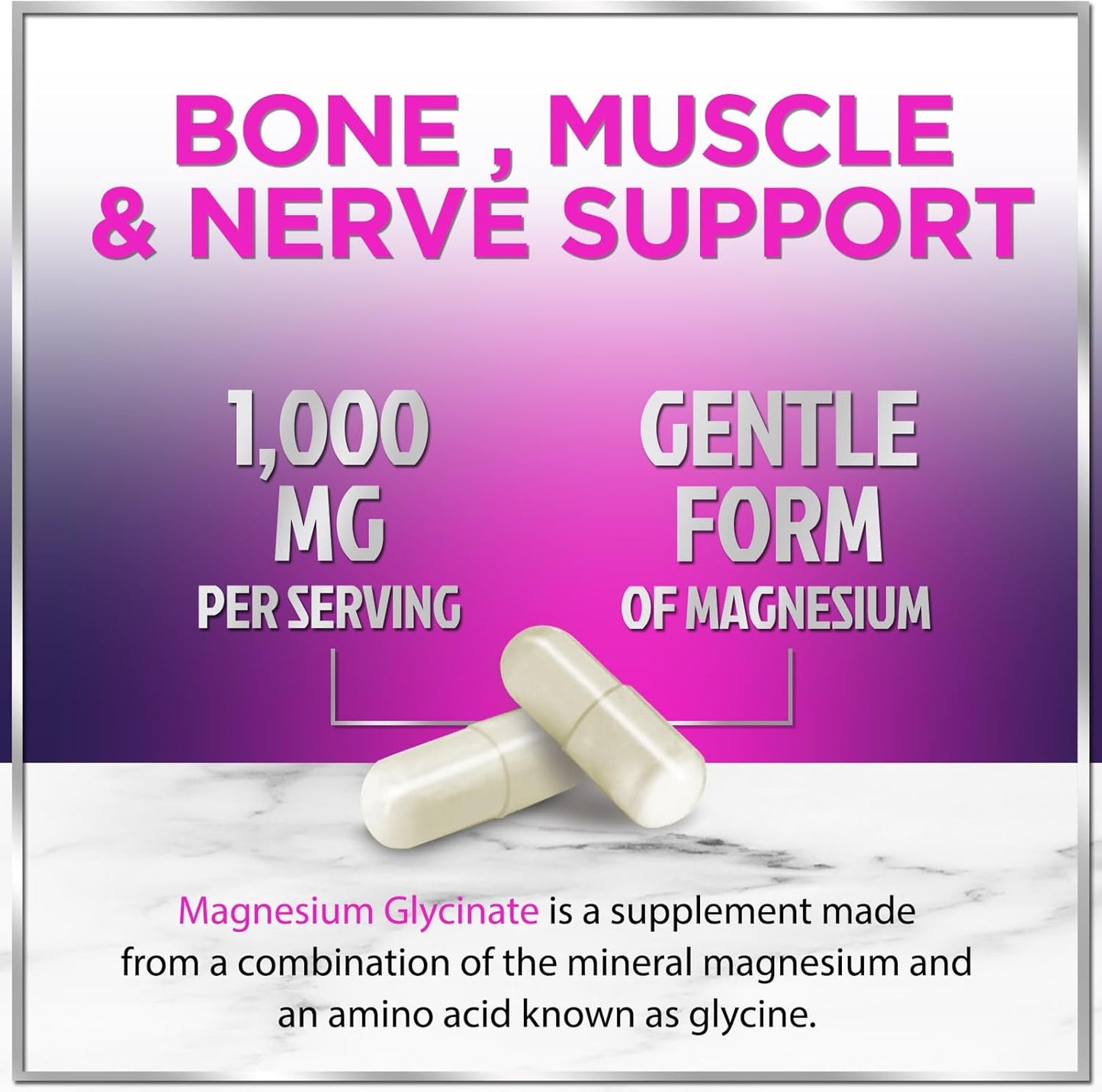 Natural High Absorption Magnesium Glycinate Supplement - 140mg, Vegan Capsules for Muscle, Nerve, Bone & Heart Health - Men & Women - 60ct