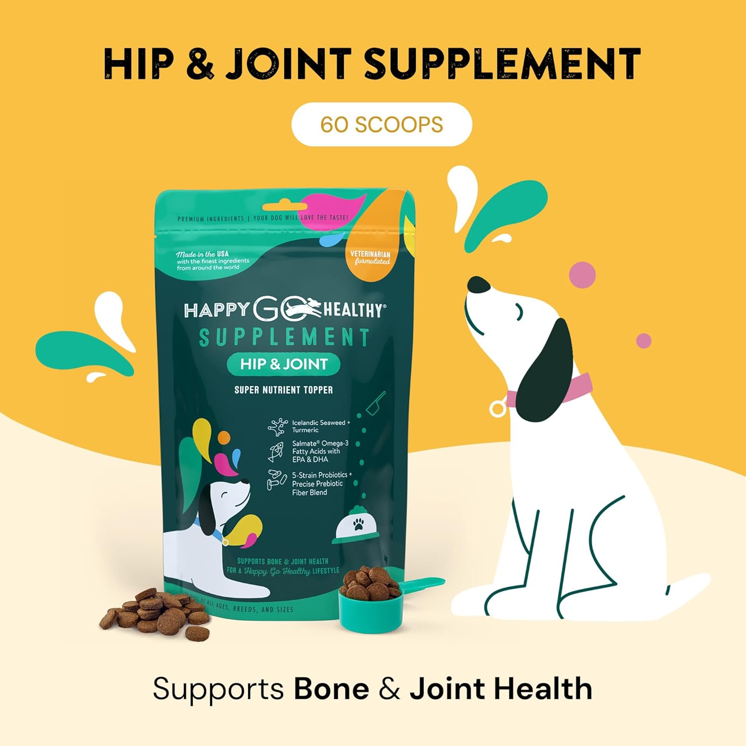 Natural Hip & Joint Supplements for Dogs | Supports Joint Health & Mobility in Senior and Recovering Dogs | Tasty Kibble Topper with Natural Ingredients | 60 Count Pack