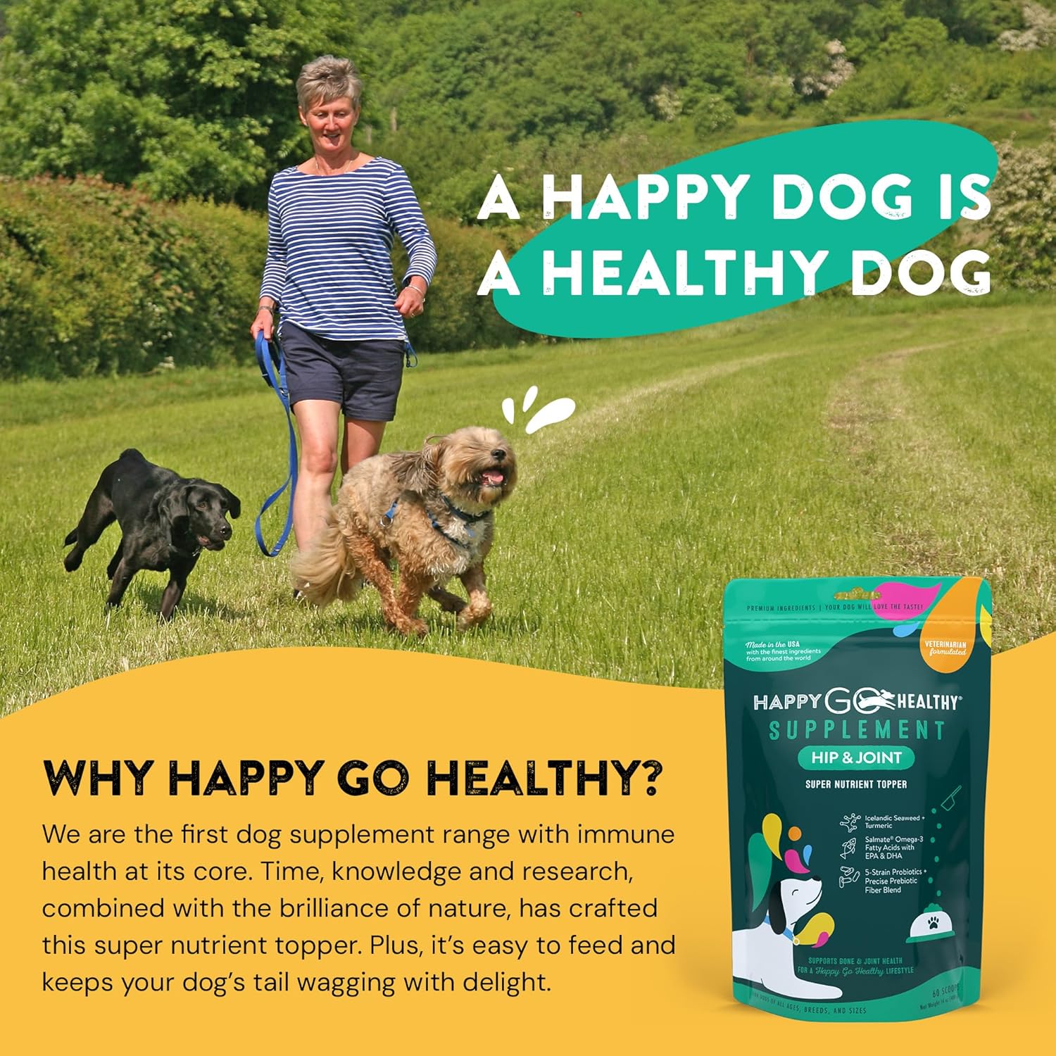 Natural Hip & Joint Supplements for Dogs | Supports Joint Health & Mobility in Senior and Recovering Dogs | Tasty Kibble Topper with Natural Ingredients | 60 Count Pack