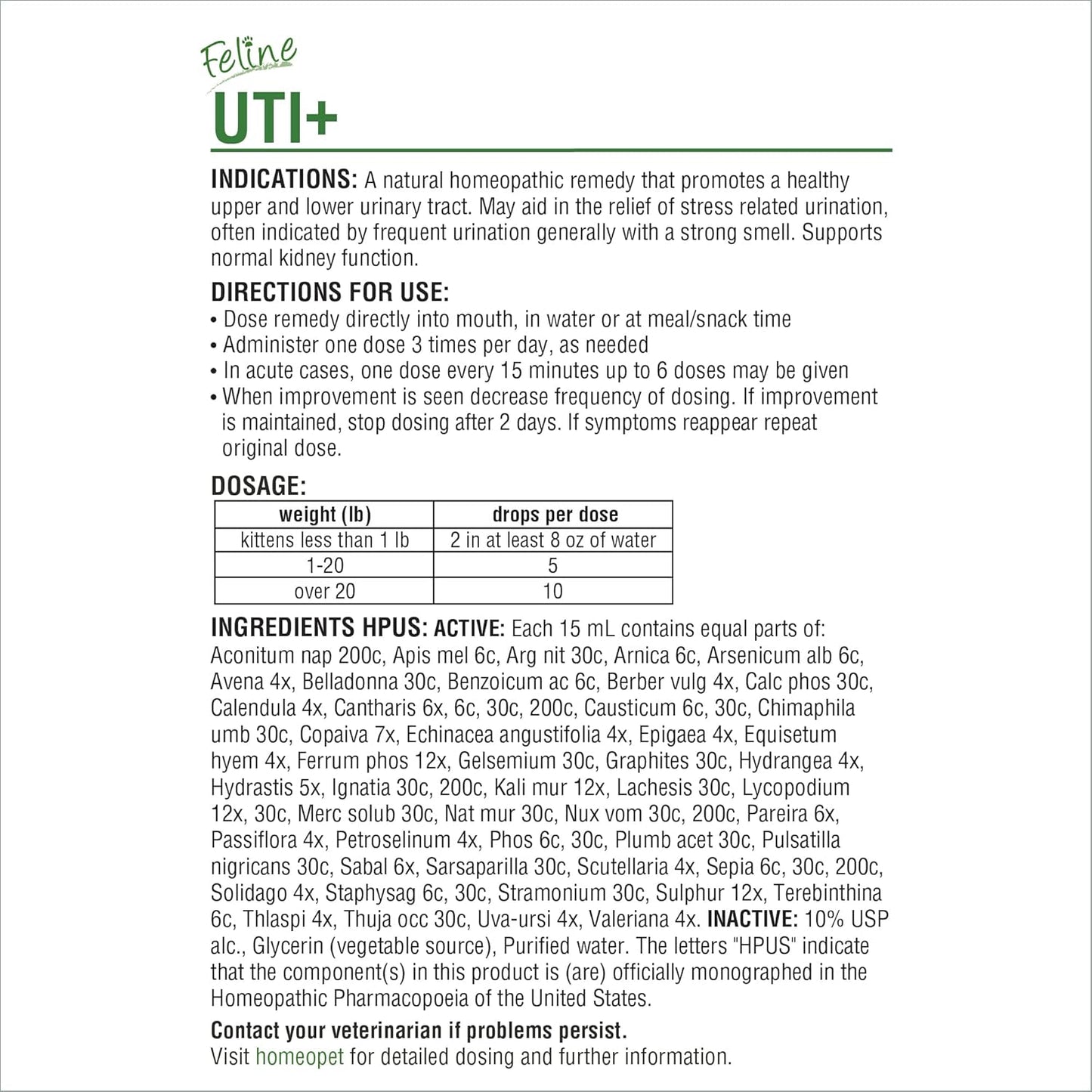 Natural Homeopathic Feline UTI Plus - 15ml - Cat Urinary Tract Support