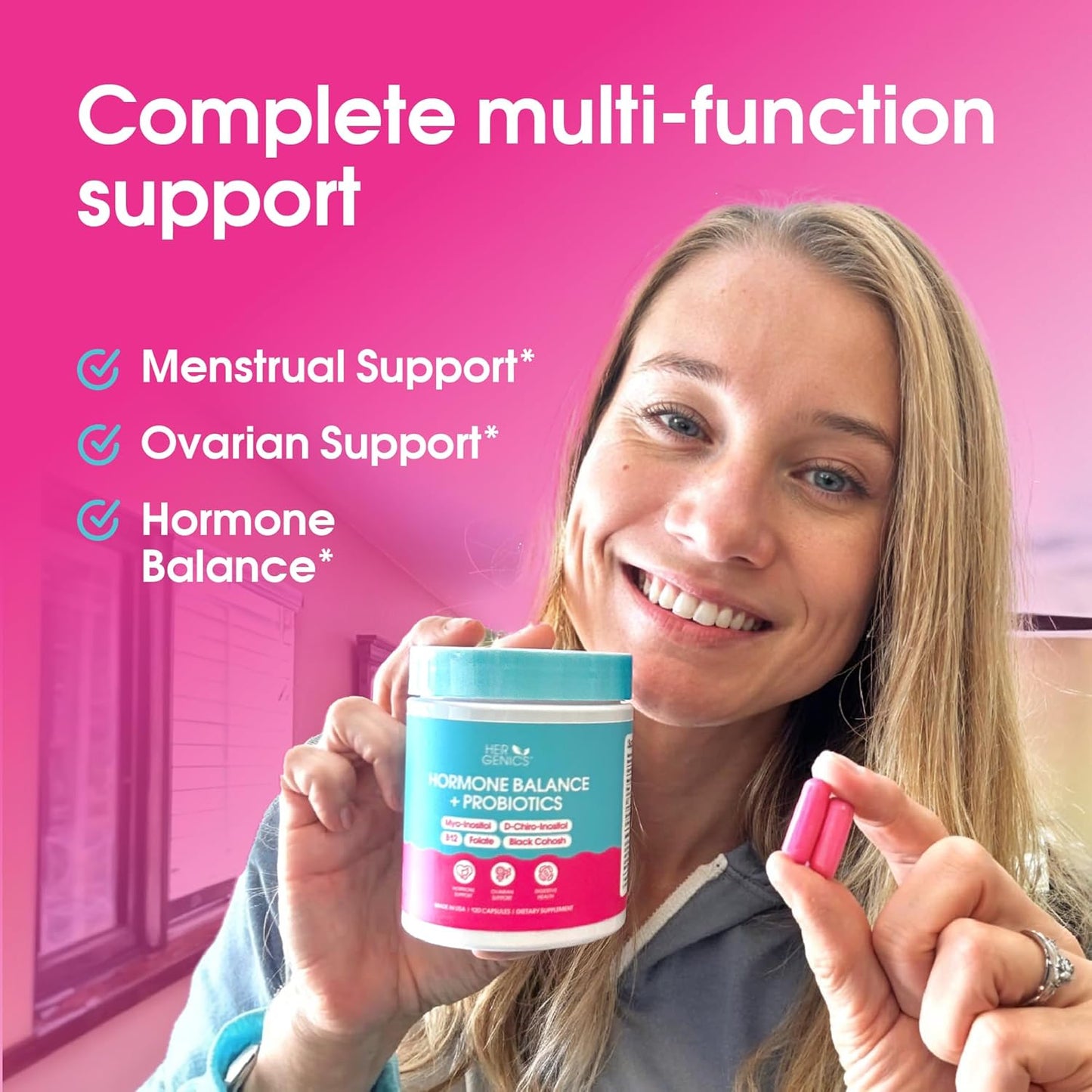 Natural Hormone Balance for Women - PCOS Supplements with Probiotics, Myo-Inositol, D-Chiro Inositol, Black Cohosh, Folate, B12 - Female Vitamins 120 Capsules