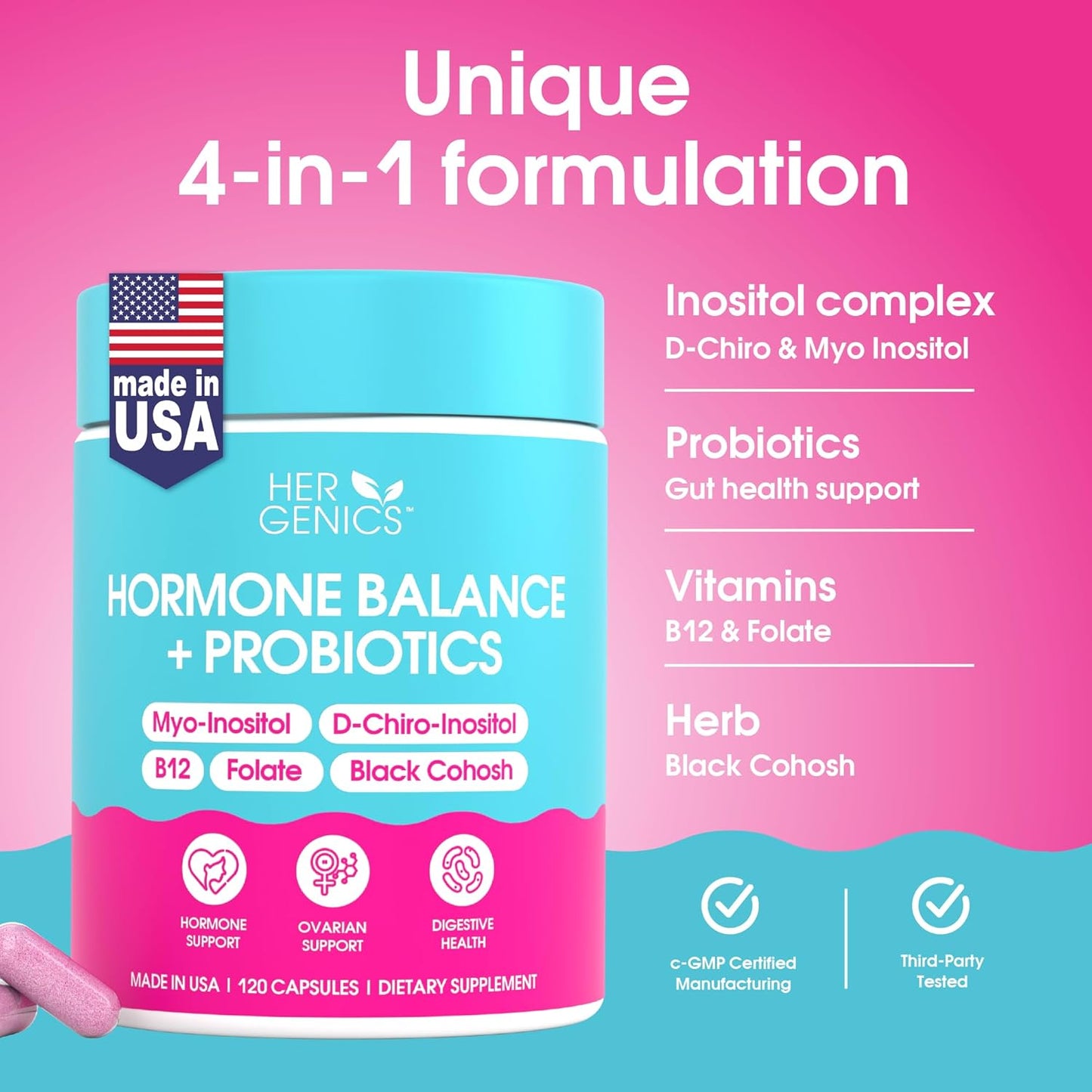 Natural Hormone Balance for Women - PCOS Supplements with Probiotics, Myo-Inositol, D-Chiro Inositol, Black Cohosh, Folate, B12 - Female Vitamins 120 Capsules
